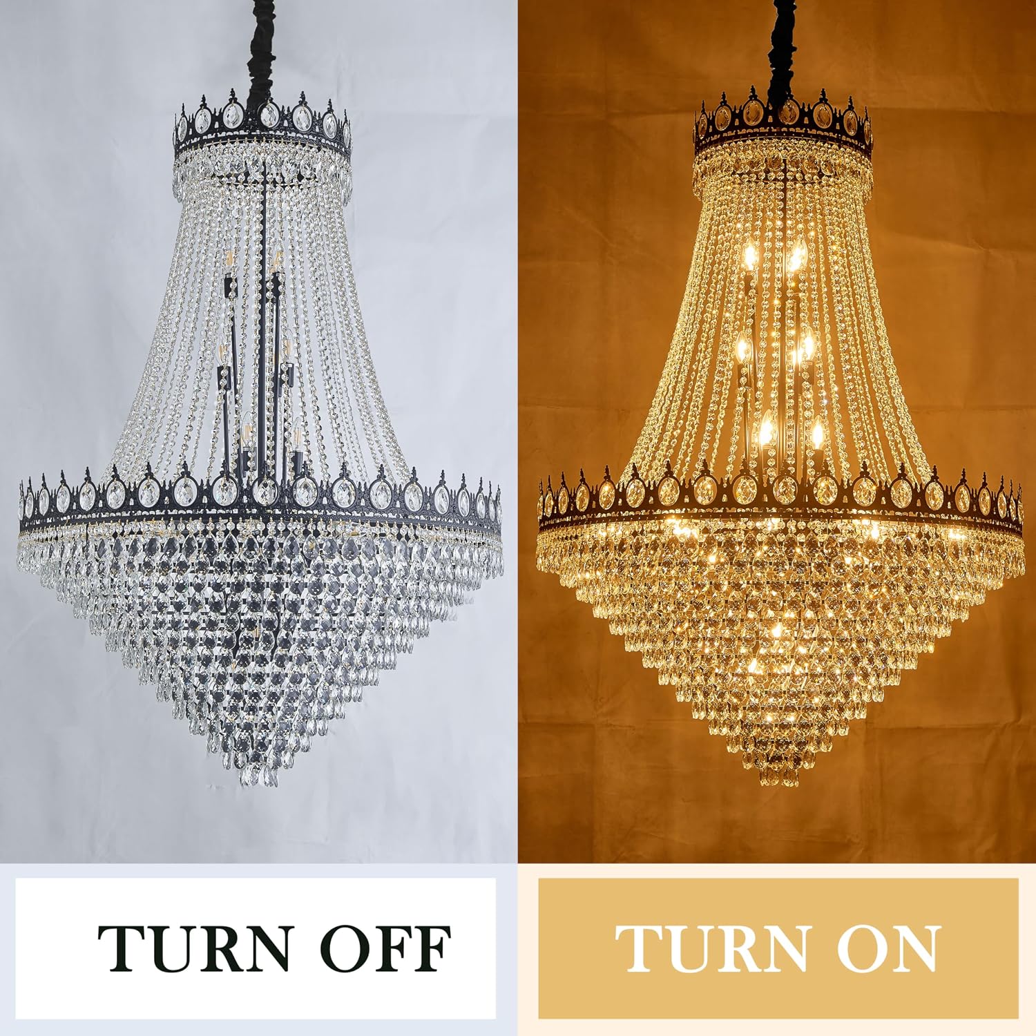 KoKo&Yukina 32' French Empire Crystals Chandelier 26 Light Black Crystal Chandeliers Modern Black Crystal Chandelier Round Large High Ceiling Sloped Hanging Light Fixtures for Hallway Staircase