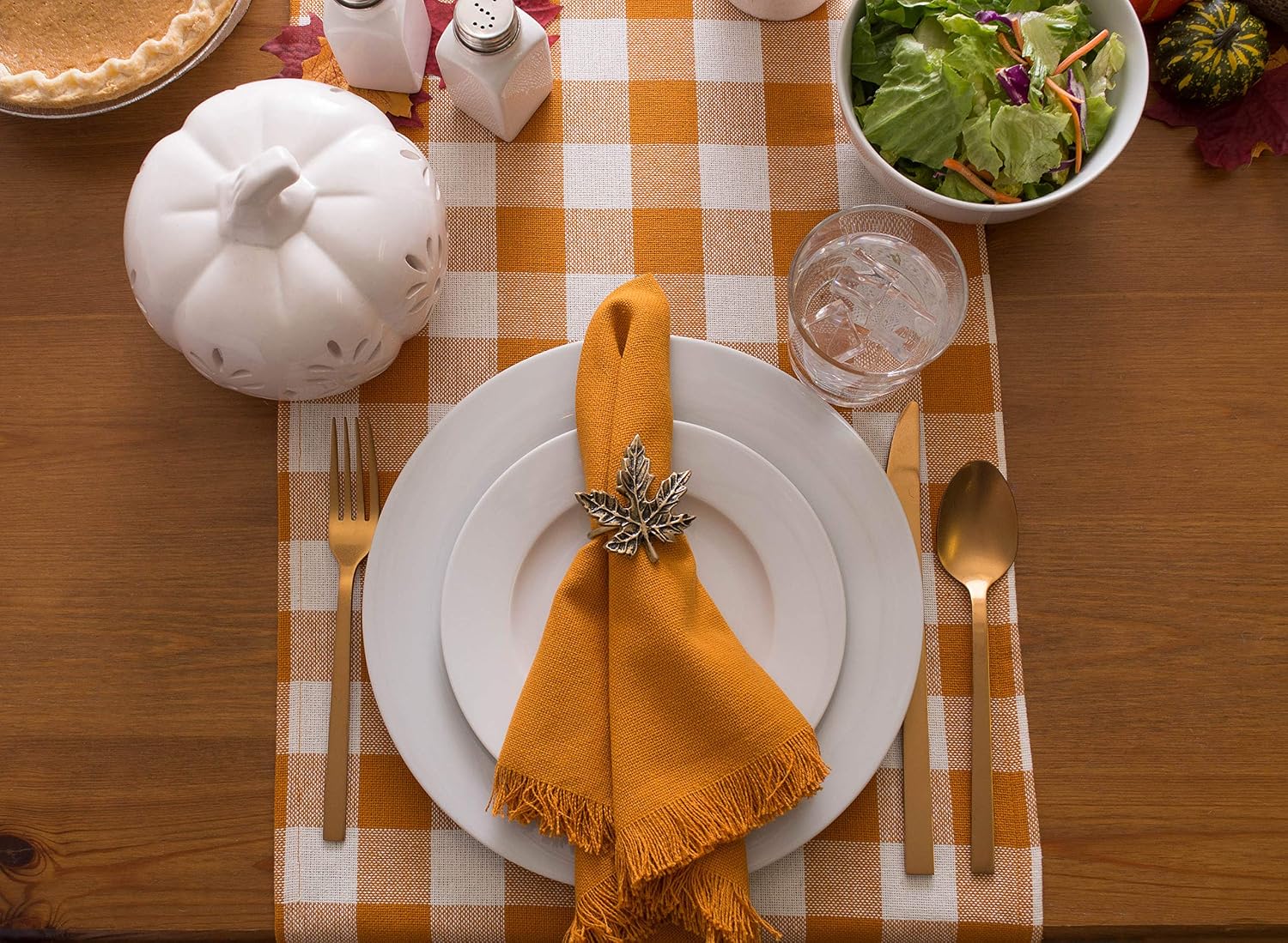 DII Heavyweight Fringed Check Tabletop Collection, Table Runner, 14x108, Pumpkin Spice (Pack of 12)