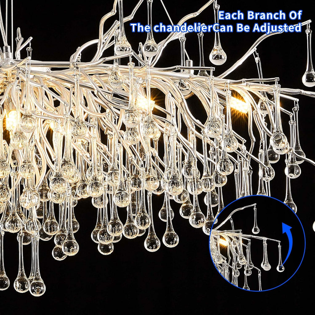 Modern Crystal Raindrop Chandelier, L40'' Silver Linear Rectangle Art Deco Tree Branch Lighting Fixture for Kitchen Island Living Room Foyer Staircase 10 Lights