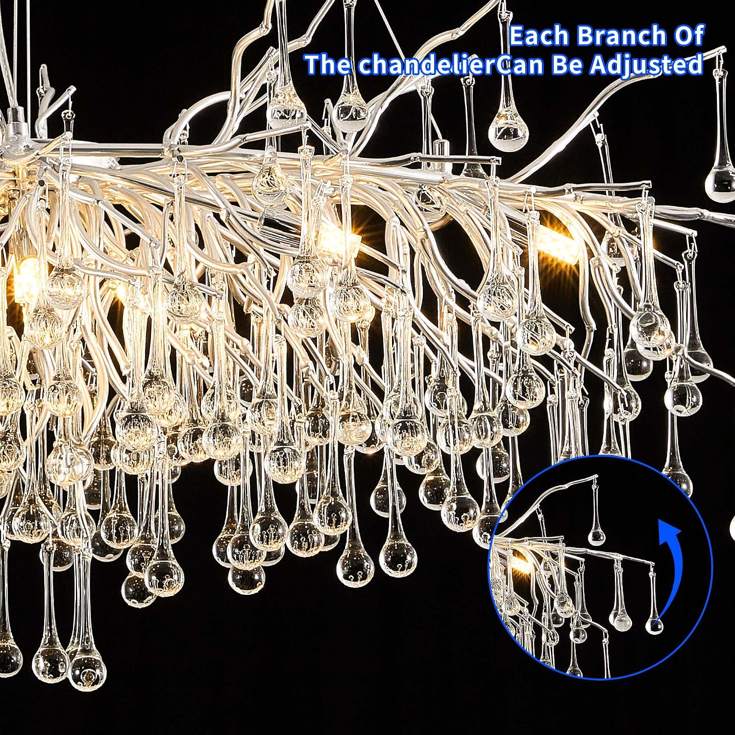 Modern Crystal Raindrop Chandelier, L40'' Silver Linear Rectangle Art Deco Tree Branch Lighting Fixture for Kitchen Island Living Room Foyer Staircase 10 Lights