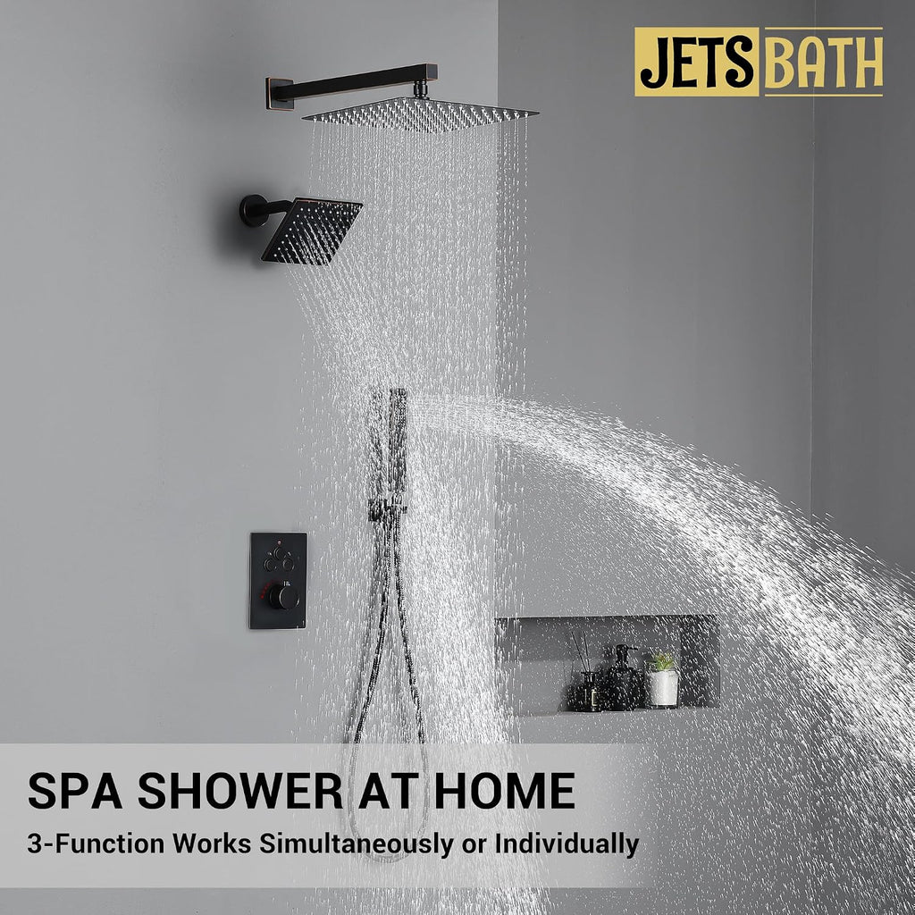Oil Rubbed Bronze Thermostatic Shower System with Wall Mount 12-Inch Rainfall Shower & 6-Inch High Pressure Shower Head, Dual Shower Heads Set with Handheld Sprayer, Full Shower Faucet Combo