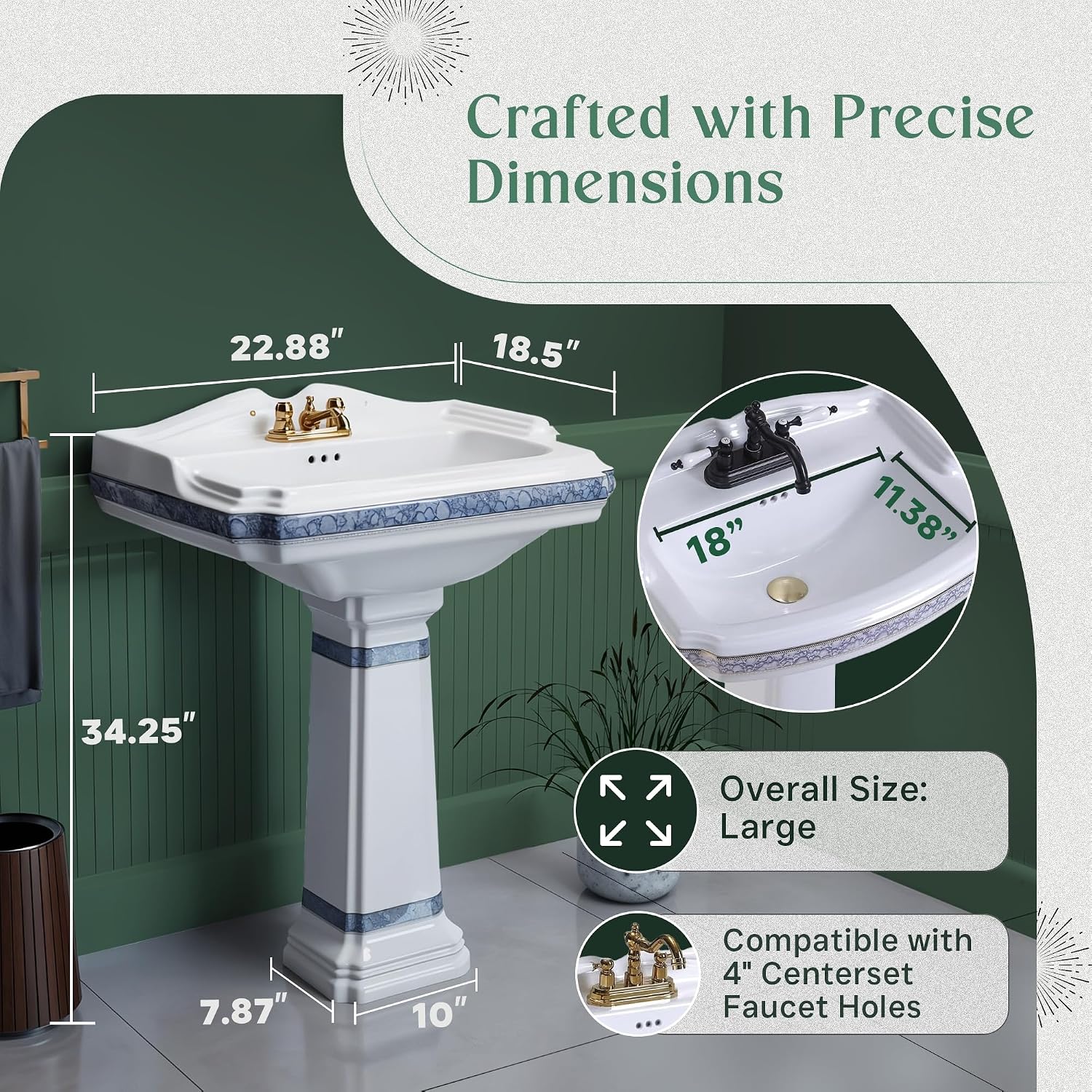 Renovators Supply Manufacturing India Reserve 23' W x 34.25' H x 18.5' Proj. Ornate Blue Gold Bathroom Pedestal Sink, Vitreous China, Compatible with 4 in. Centerset Faucets