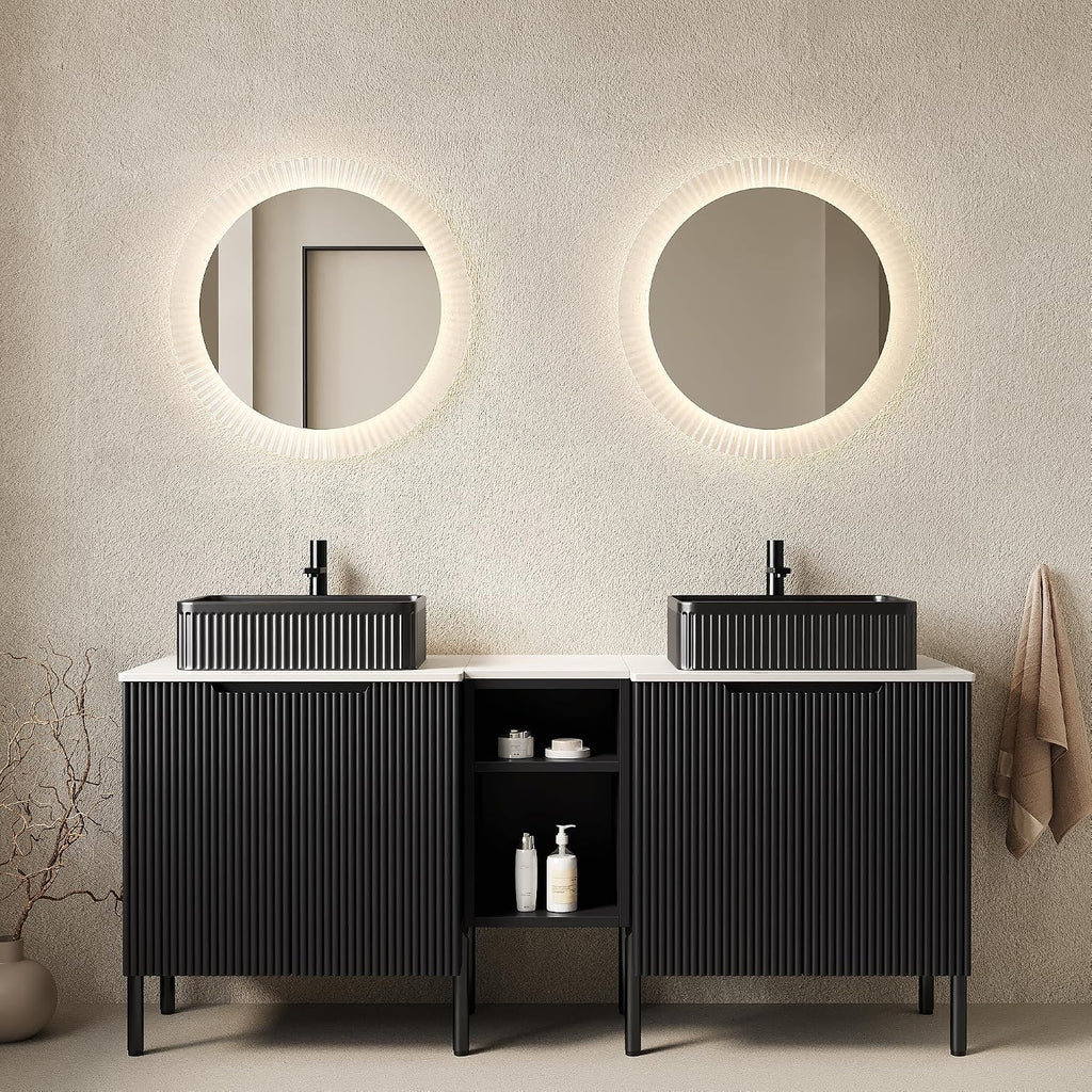 60' Bathroom Vanity with Sink, Modern Bathroom Vanities with 4 Soft-Closing Doors, Freestanding Bathroom Cabinet with Ceramic Basin and Carrara White Sintered Stone Counter Top-Colmar, Black