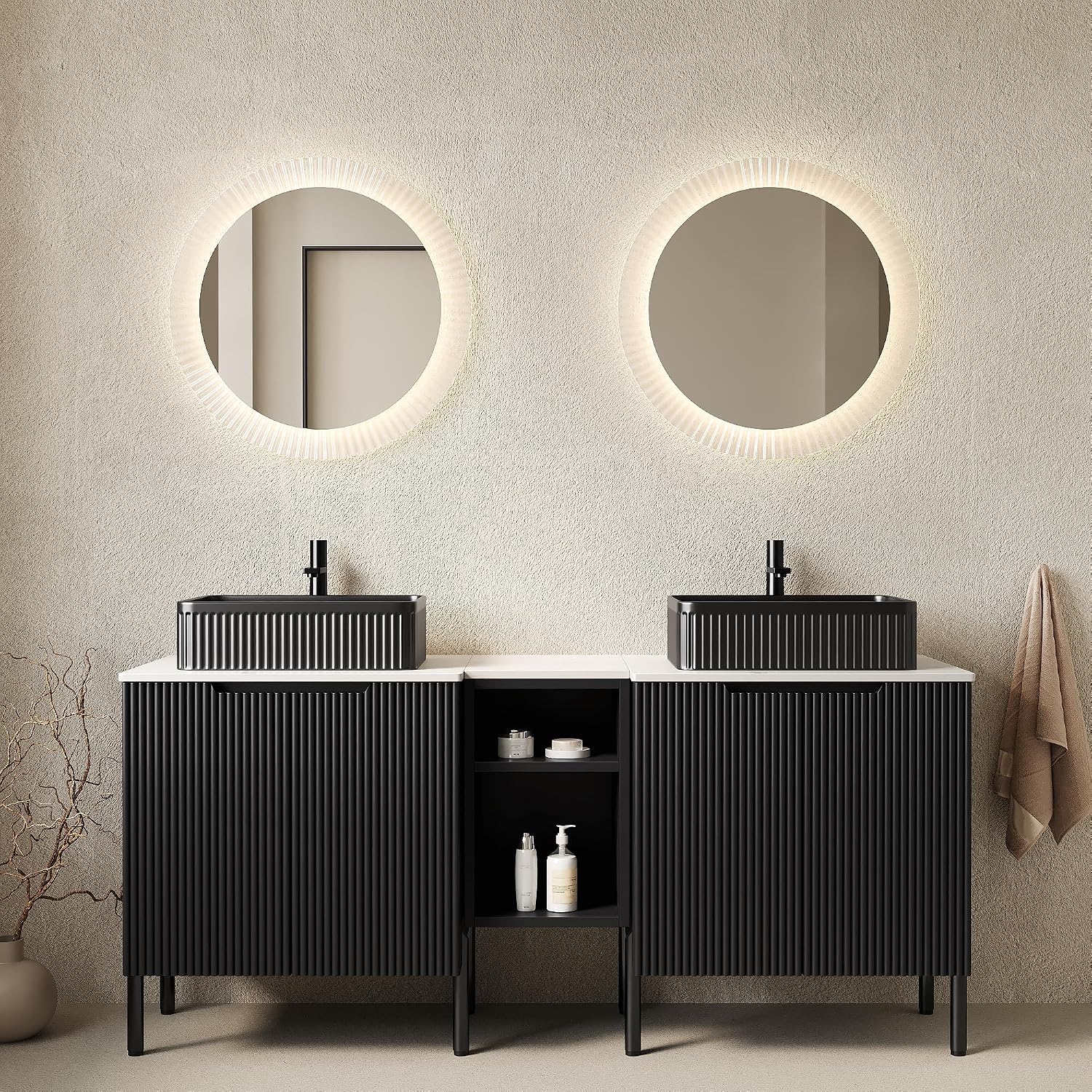 60' Bathroom Vanity with Sink, Modern Bathroom Vanities with 4 Soft-Closing Doors, Freestanding Bathroom Cabinet with Ceramic Basin and Carrara White Sintered Stone Counter Top-Colmar, Black