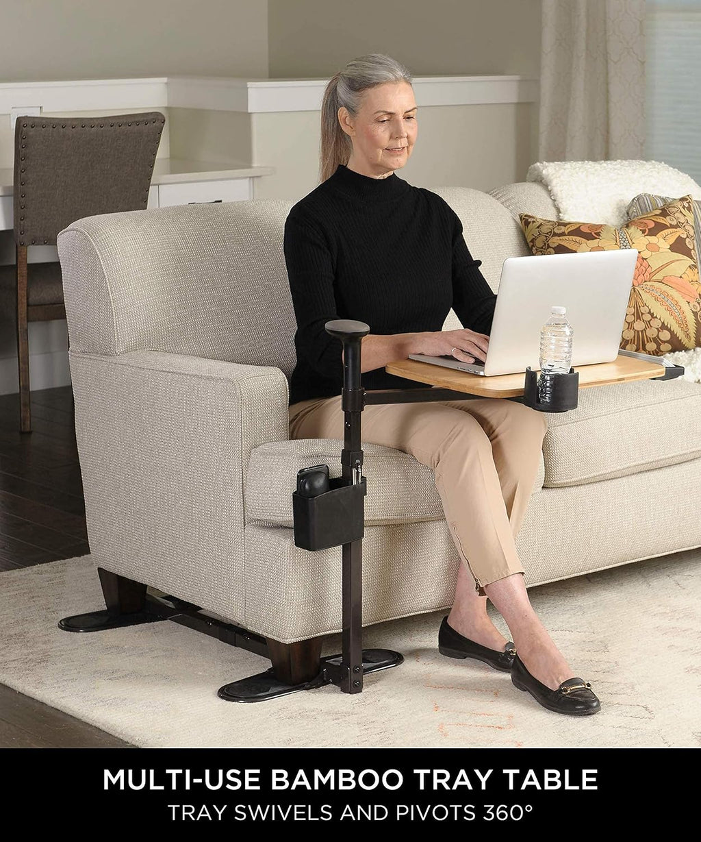 Signature Life Independence Tray Table, Bamboo Swivel TV-Tray, Adjustable Laptop-Table with Ergonomic Stand Assist Safety Handle, Independent Living Aid