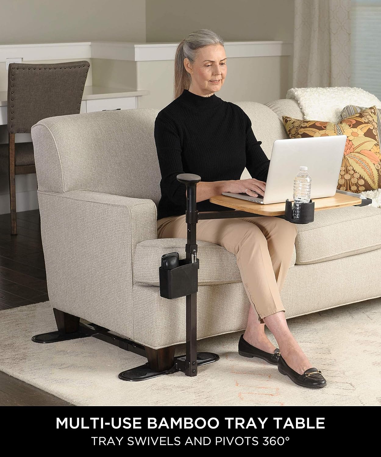 Signature Life Independence Tray Table, Bamboo Swivel TV-Tray, Adjustable Laptop-Table with Ergonomic Stand Assist Safety Handle, Independent Living Aid