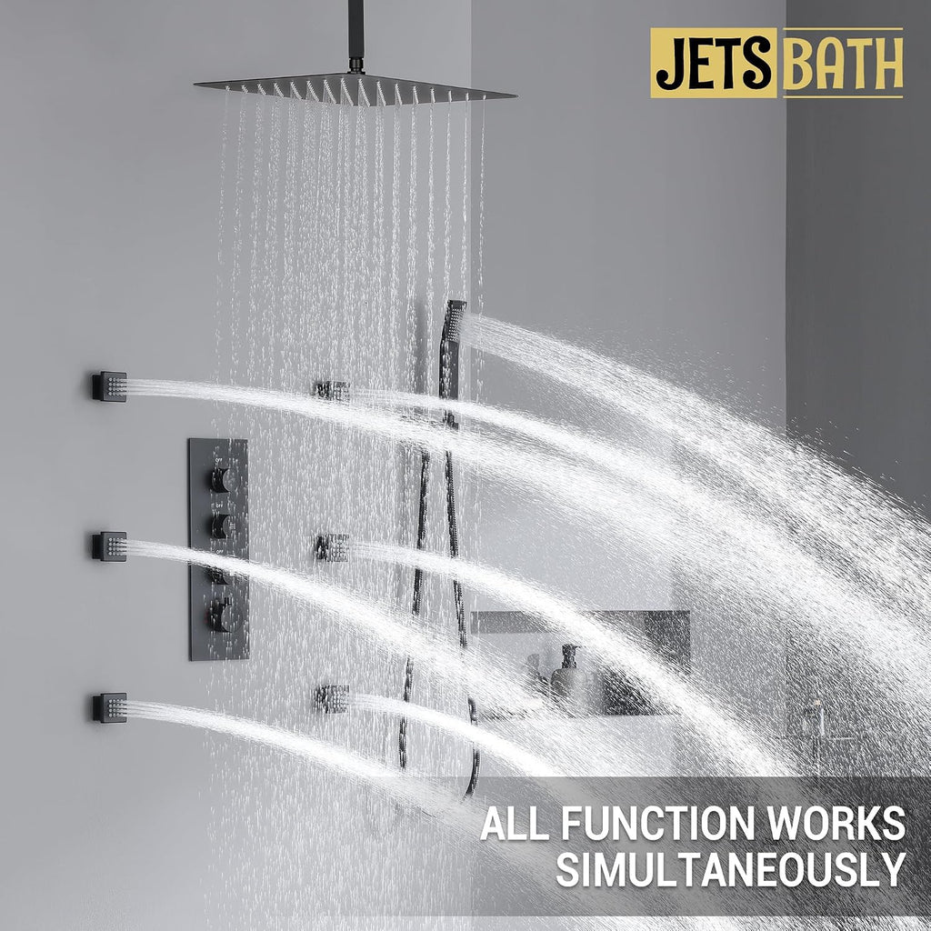 Thermostatic Shower System with 6 Body Jets & 16-Inch Ceiling Rainfall Shower Head Bathroom Luxury Matte Black Shower Faucet Set with High Pressure Handheld Sprayer, with Valve and Trim