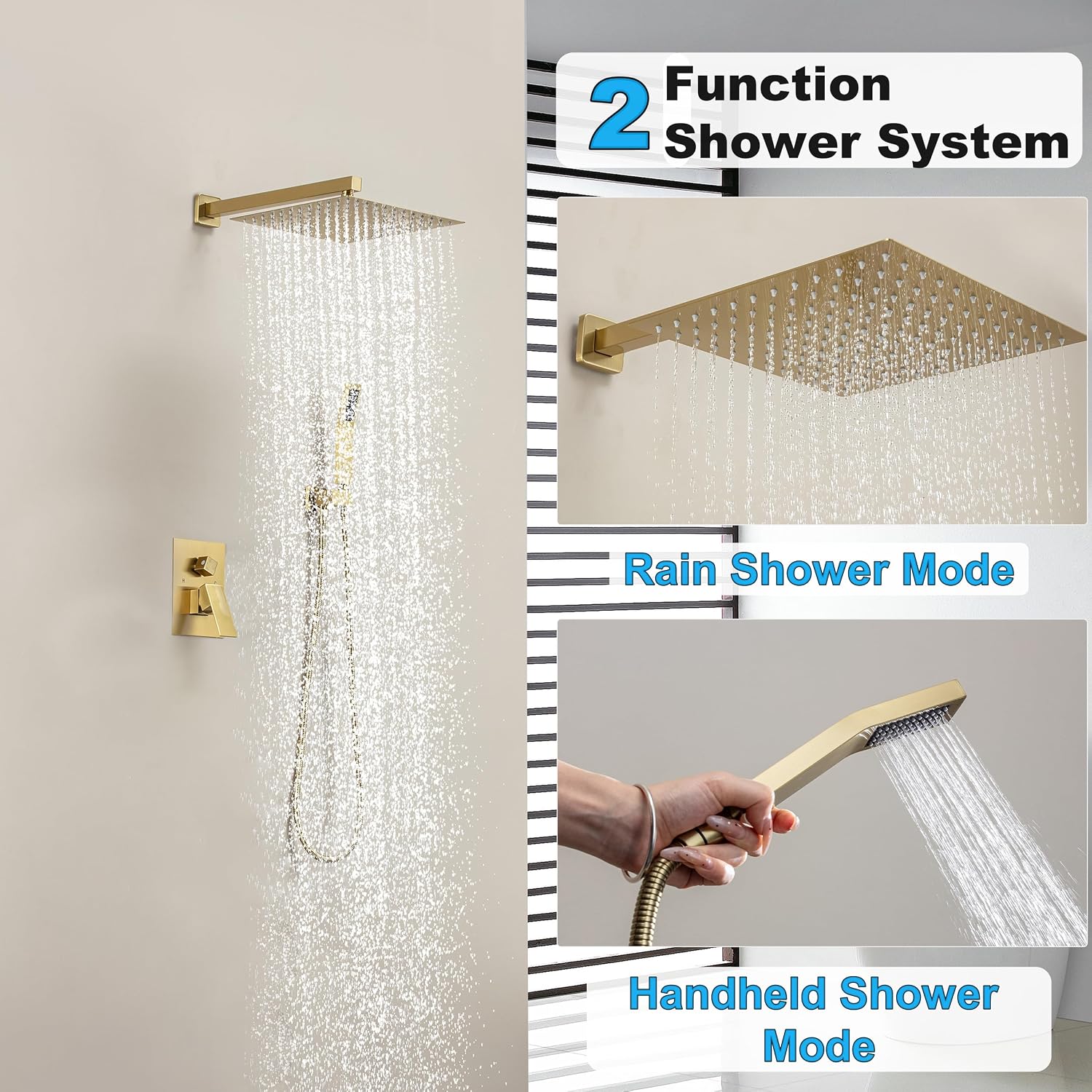12 Inch Shower Faucet Set, Shower System with Rain Shower Head and Handheld Shower Head, Spray Wall Mounted Rainfall Shower Fixtures, Brushed Gold
