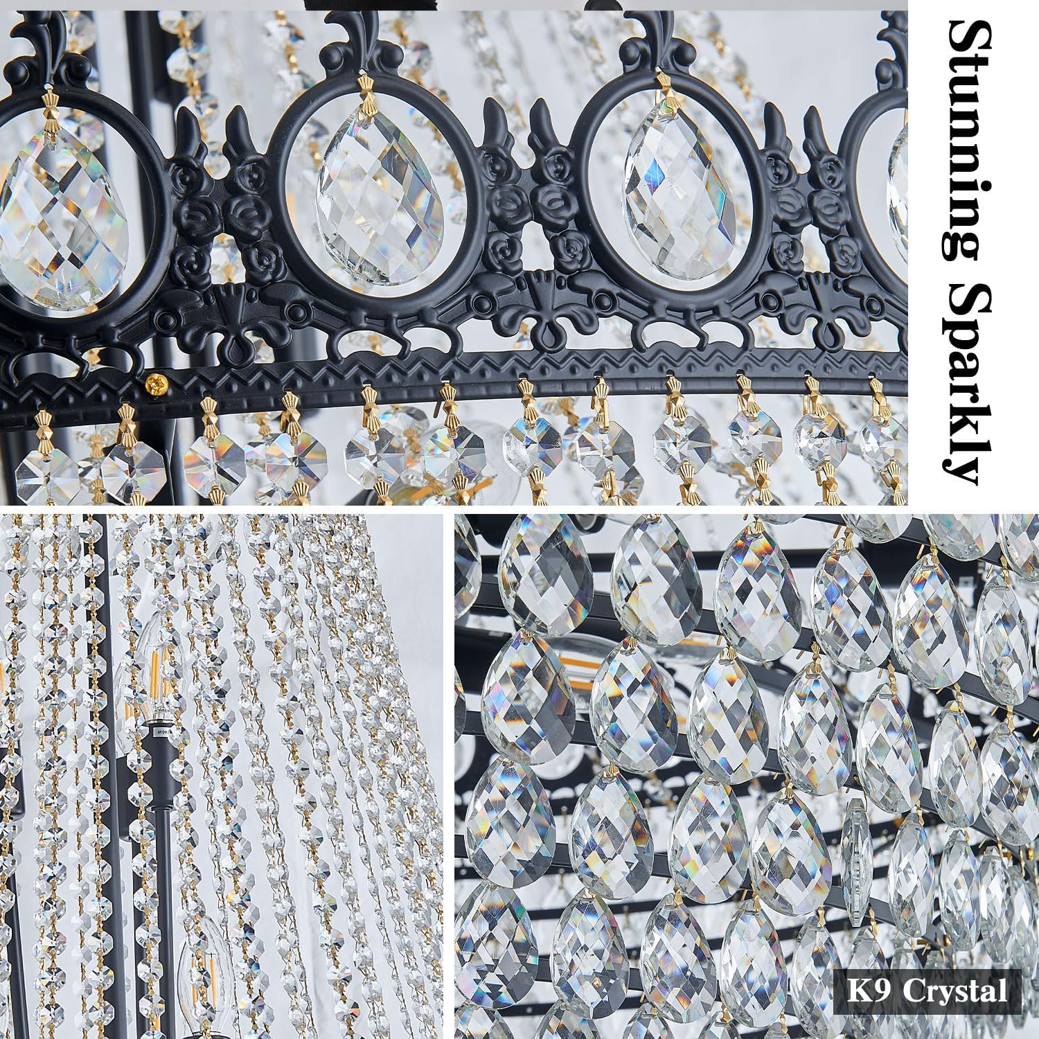 KoKo&Yukina 32' French Empire Crystals Chandelier 26 Light Black Crystal Chandeliers Modern Black Crystal Chandelier Round Large High Ceiling Sloped Hanging Light Fixtures for Hallway Staircase