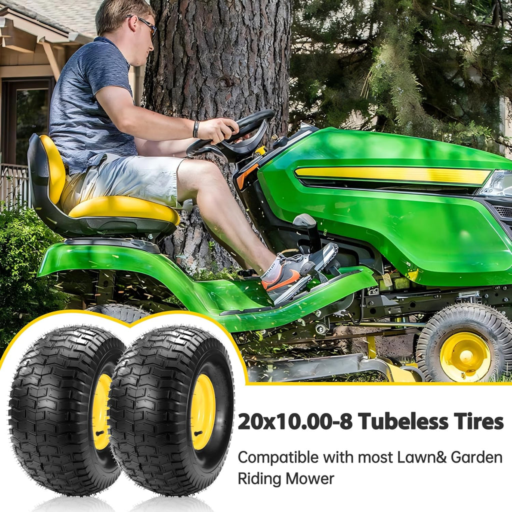 2PCs 20x10.00-8 Tubeless Lawn Mower Tire and Wheel, Replacement for John Deere Rear 20x10-8nhs Riding Lawn Mower, Gaeden Tractor, 3/4' Borehole 3/16' keyway, 3.5 Offset Hub, 4 Ply, 1190 Lbs Capacity