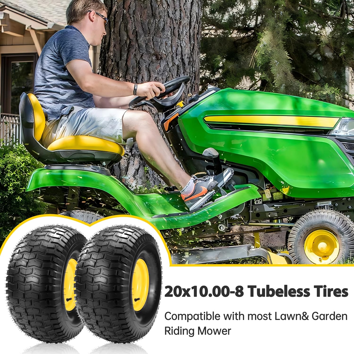 2PCs 20x10.00-8 Tubeless Lawn Mower Tire and Wheel, Replacement for John Deere Rear 20x10-8nhs Riding Lawn Mower, Gaeden Tractor, 3/4' Borehole 3/16' keyway, 3.5 Offset Hub, 4 Ply, 1190 Lbs Capacity