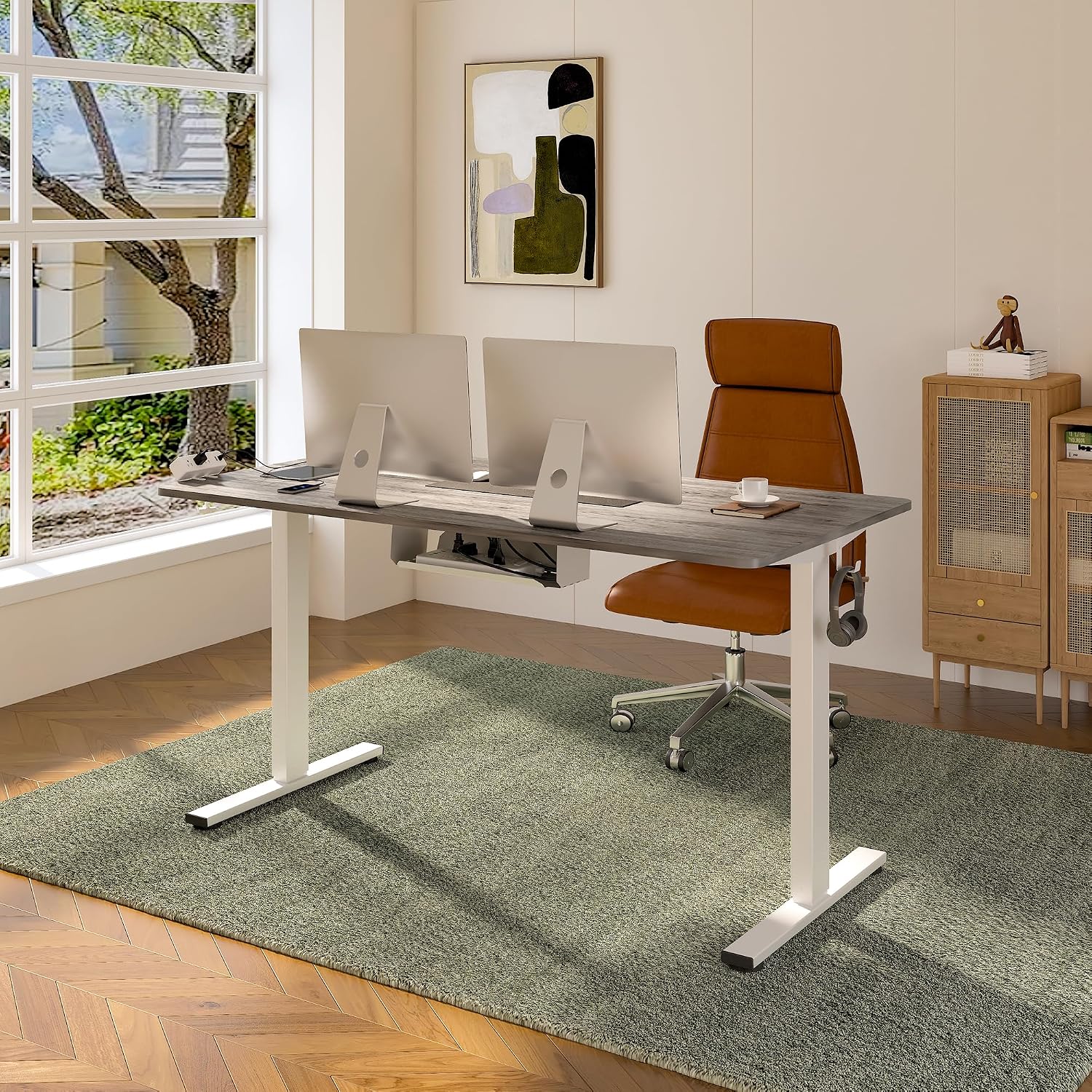 FLEXISPOT EN2 Whole-Piece Standing Desk with Clamp Power Strip, 48 x 24 Electric Stand Up Height Adjustable Desk with Cable Management (White Frame + 48' Gray Wood Grain Desktop, 2 Packages)