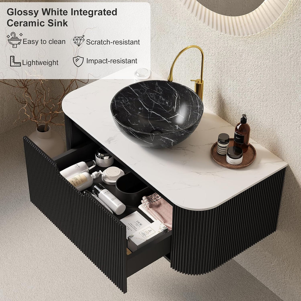 30' Floating Bathroom Vanity with Sink, Natural Solid Wood Modern Bathroom Vanities with Ultra-Thin Marble Sink and Countertop, Soft-Close Design, Pre-Assembled Cabinet, Black