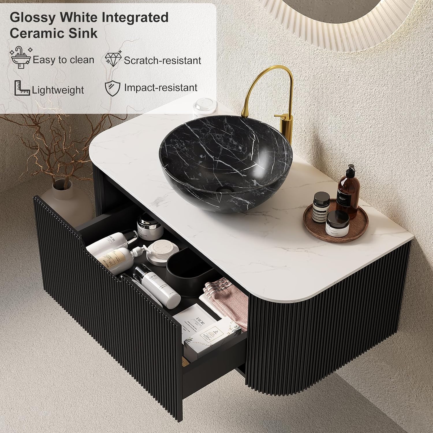 36' Floating Modern Bathroom Vanity with Sink, Natural Solid Wood Bathroom Vanities with Ultra-Thin Marble Ceramic Basin and Top, Soft-Close Design, Pre-Assembled Cabinet, Gloss Black