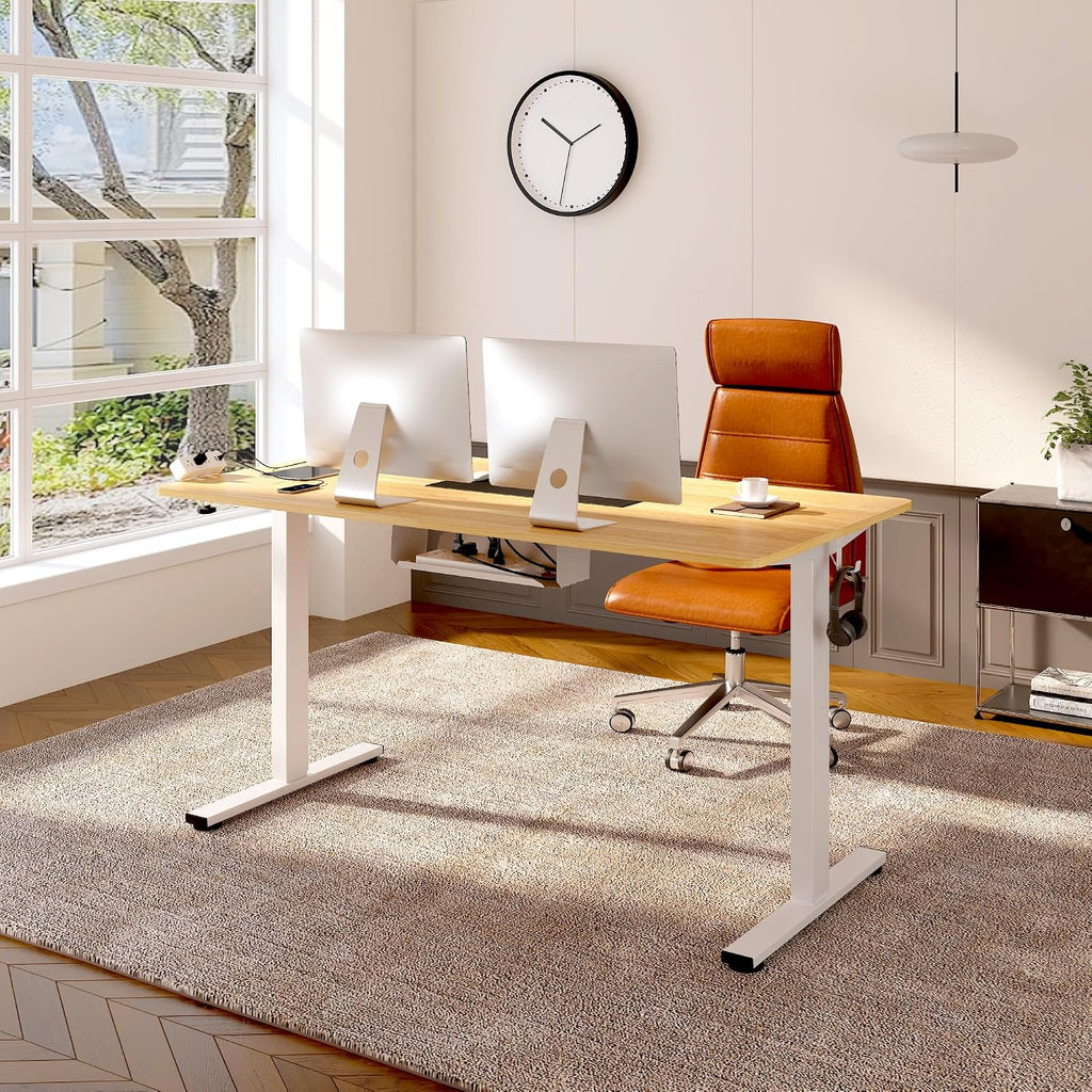 FLEXISPOT EN2 Whole-Piece Standing Desk with Clamp Power Strip, 48 x 24 Electric Stand Up Height Adjustable Desk with Cable Management (White Frame + 48' Maple Top)