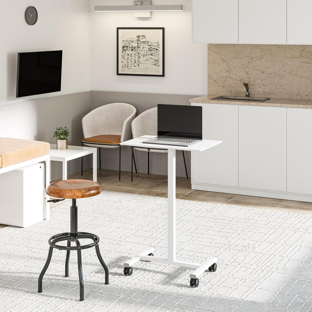 Seville Classics Airlift Height Adjustable Pneumatic Laptop Sit Stand Desk Mobile Rolling Cart, Computer Workstation for Home Office, Classroom, White, 25.6' Desktop
