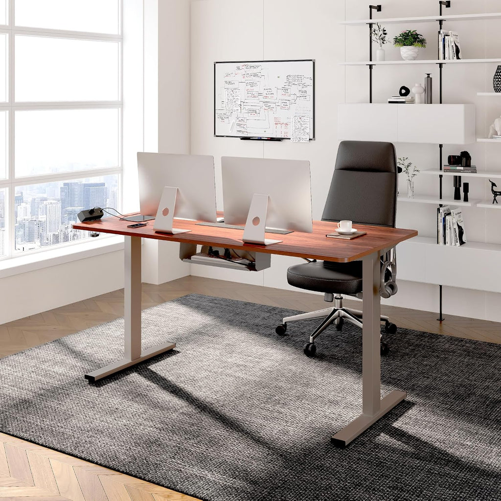 FLEXISPOT EN2 Whole-Piece Standing Desk with Clamp Power Strip, 55 x 28' Electric Stand Up Height Adjustable Desk with Cable Management (Gray Frame + 55' Mahogany Top, 2 Packages)