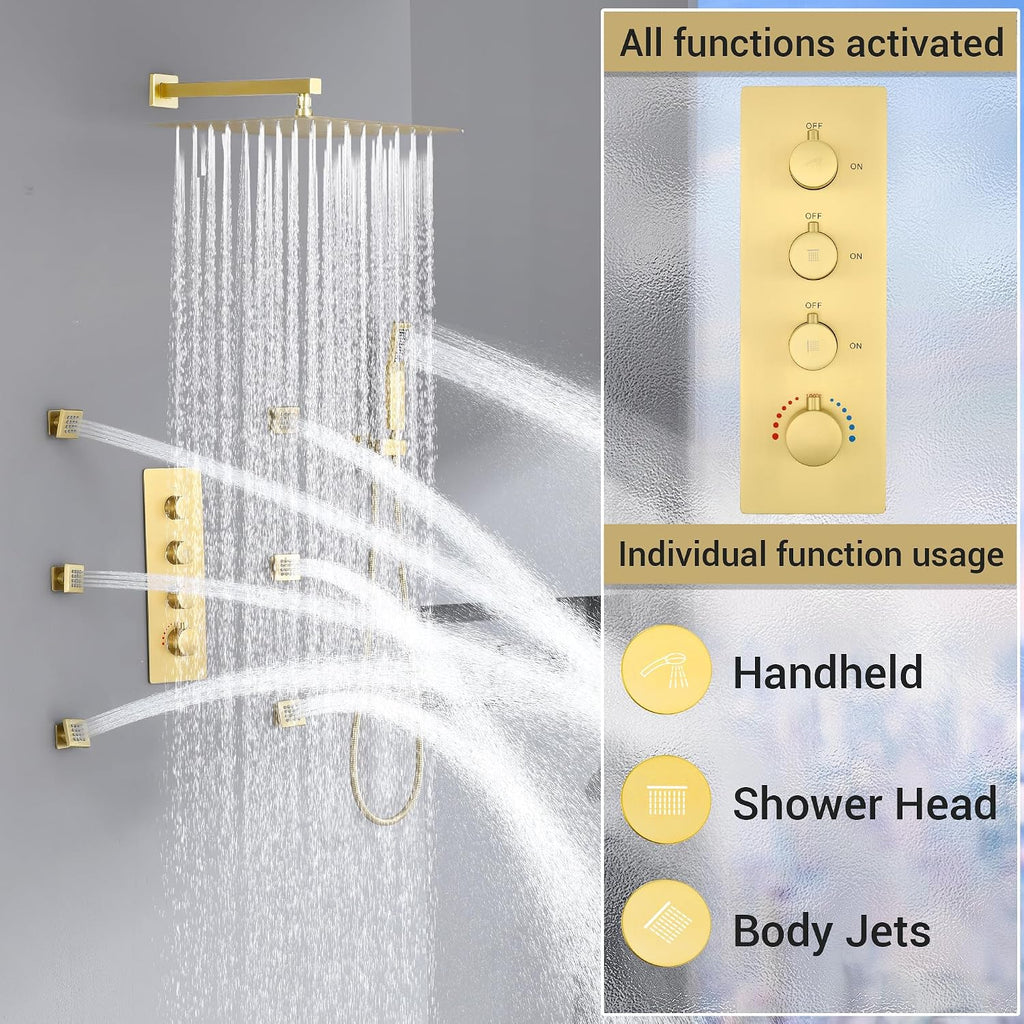 16' Thermostatic Rain Shower System with 6 Body Jets & 16-Inch Rainfall Shower Head, JetsBath Full Body Shower Faucet Sets with Valve & Handheld, Brushed Gold Luxury Wall Mount Shower Faucet Set