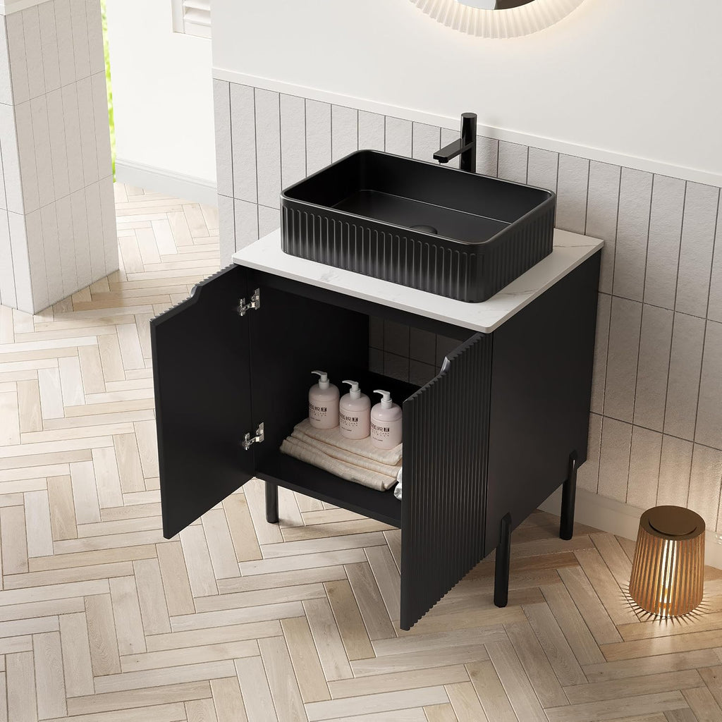 24' Bathroom Vanity with Sink, Modern Bathroom Vanities with 2 Soft-Closing Doors, Freestanding Bathroom Cabinet with Ceramic Basin & Carrara White Counter Top-Colmar, Black