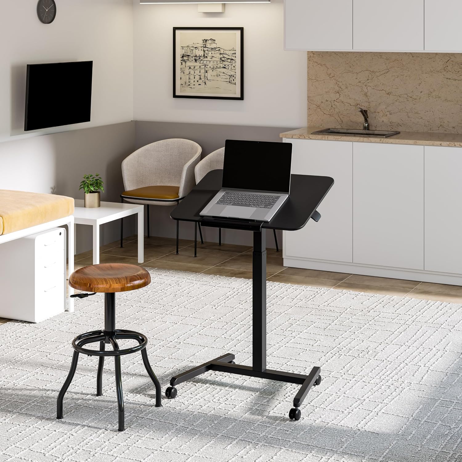 Seville Classics Airlift Height Adjustable Pneumatic Laptop Sit Stand Desk Mobile Rolling Cart, Computer Workstation for Home Office, Classroom, Black, 25.6' Tilting Desktop