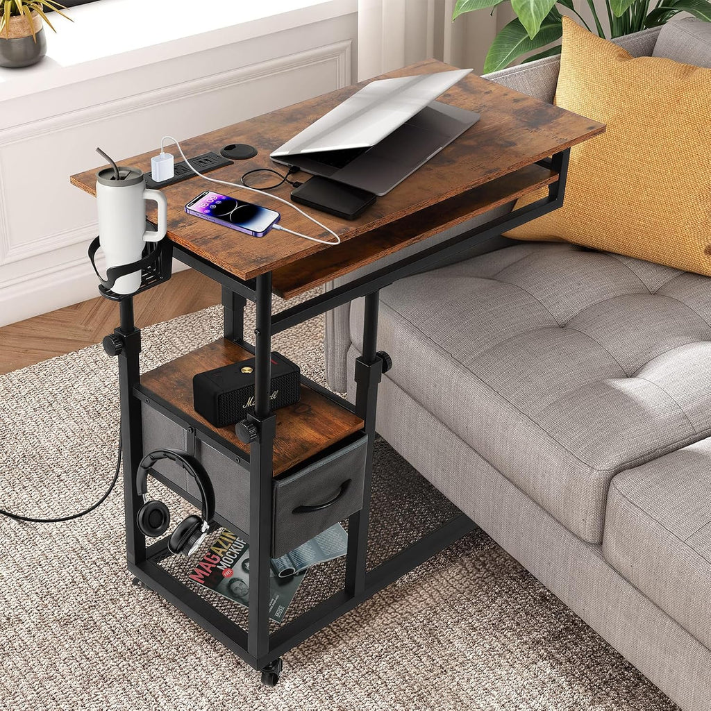 FAHKNS Adjustable C Table with Charging Station, Tiltable Desk C Shaped End Table for Couch, Over Bed Table with Wheels Adjustable Height, Hospital Laptop Stand Drawing Desk