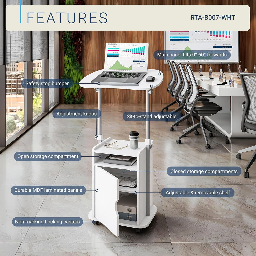 Techni Mobili Adjustable Laptop Cart with Storage, Rolling Mobile Workstation Desk with Cabinet, Shelf & Locking Wheels. Height Adjustable Sit to Stand for Home Office, Bedside, or Classroom (White)