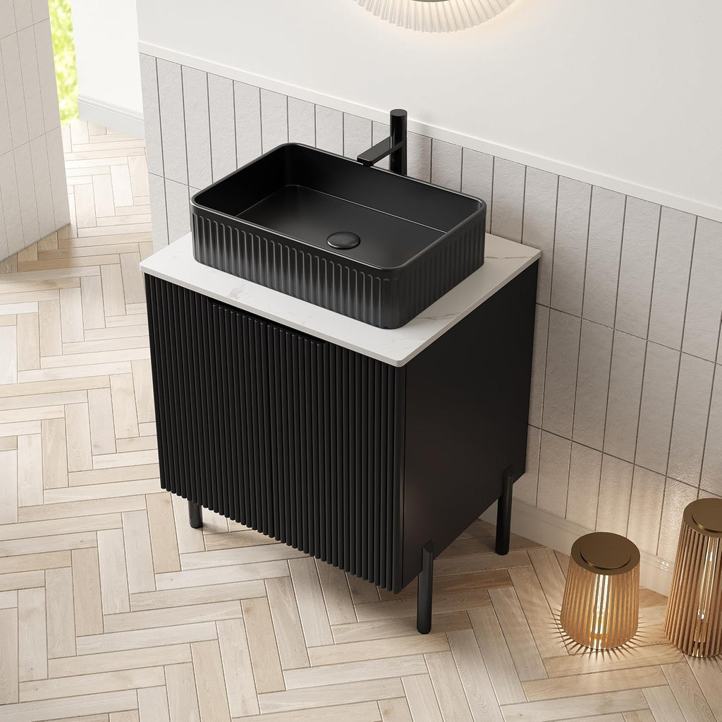 24' Bathroom Vanity with Sink, Modern Bathroom Vanities with 2 Soft-Closing Doors, Freestanding Bathroom Cabinet with Ceramic Basin & Carrara White Counter Top-Colmar, Black