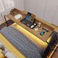HWB Overbed Desk with Charging Station-Over Bed Table-Adjustable Length/Height with Wheels - Human Sensor LED Light Mobile Queen Size Bed Table Rolling Tray Table for Eating & Laptops, Brown