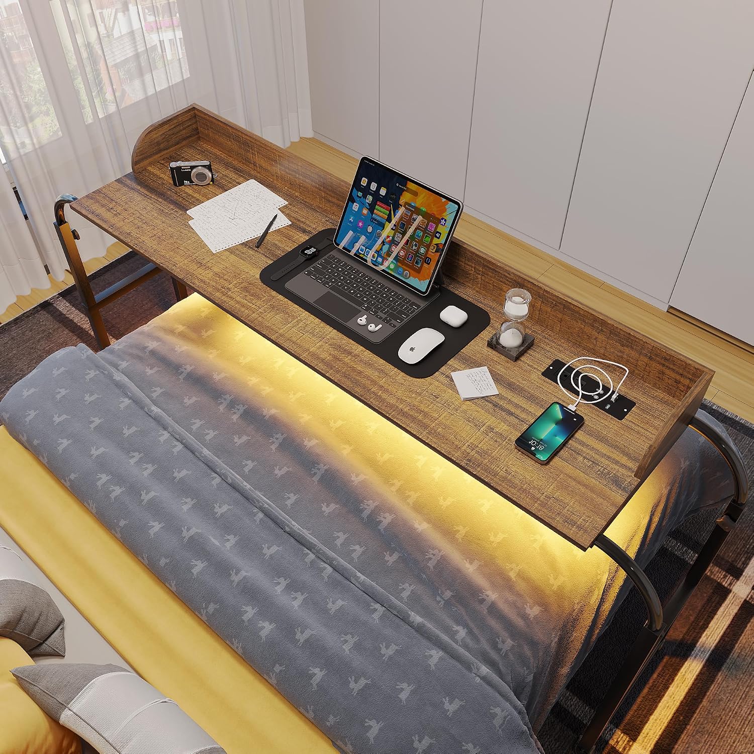 HWB Overbed Desk with Charging Station-Over Bed Table-Adjustable Length/Height with Wheels - Human Sensor LED Light Mobile Queen Size Bed Table Rolling Tray Table for Eating & Laptops, Brown