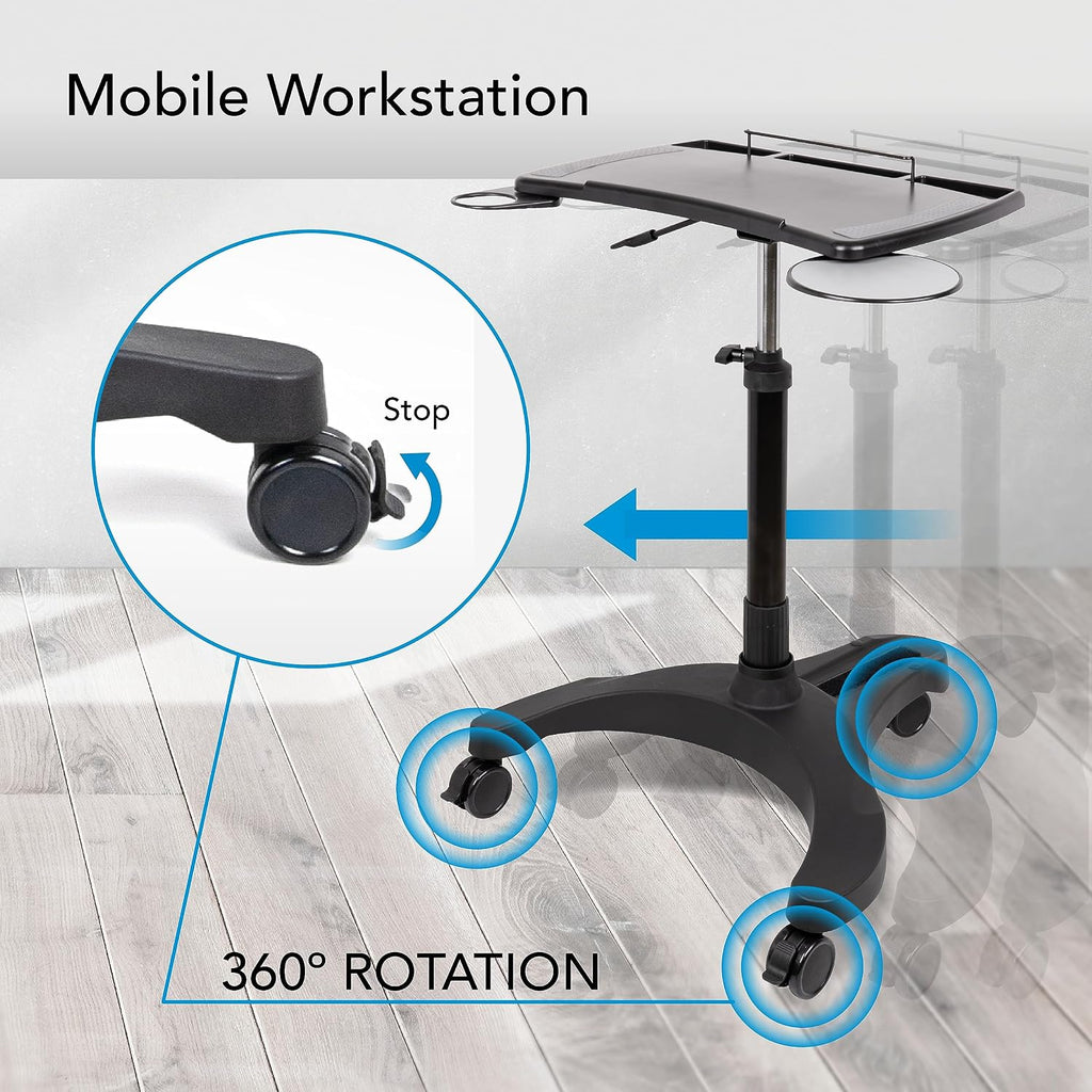 EHO Mobile Laptop Standing Desk Carts on Wheels with Stationery Storage, Pneumatic, Height Adjustable Rolling Stand, Sit to Stand Computer Cart, Workstation for Home, Office, Medical and School