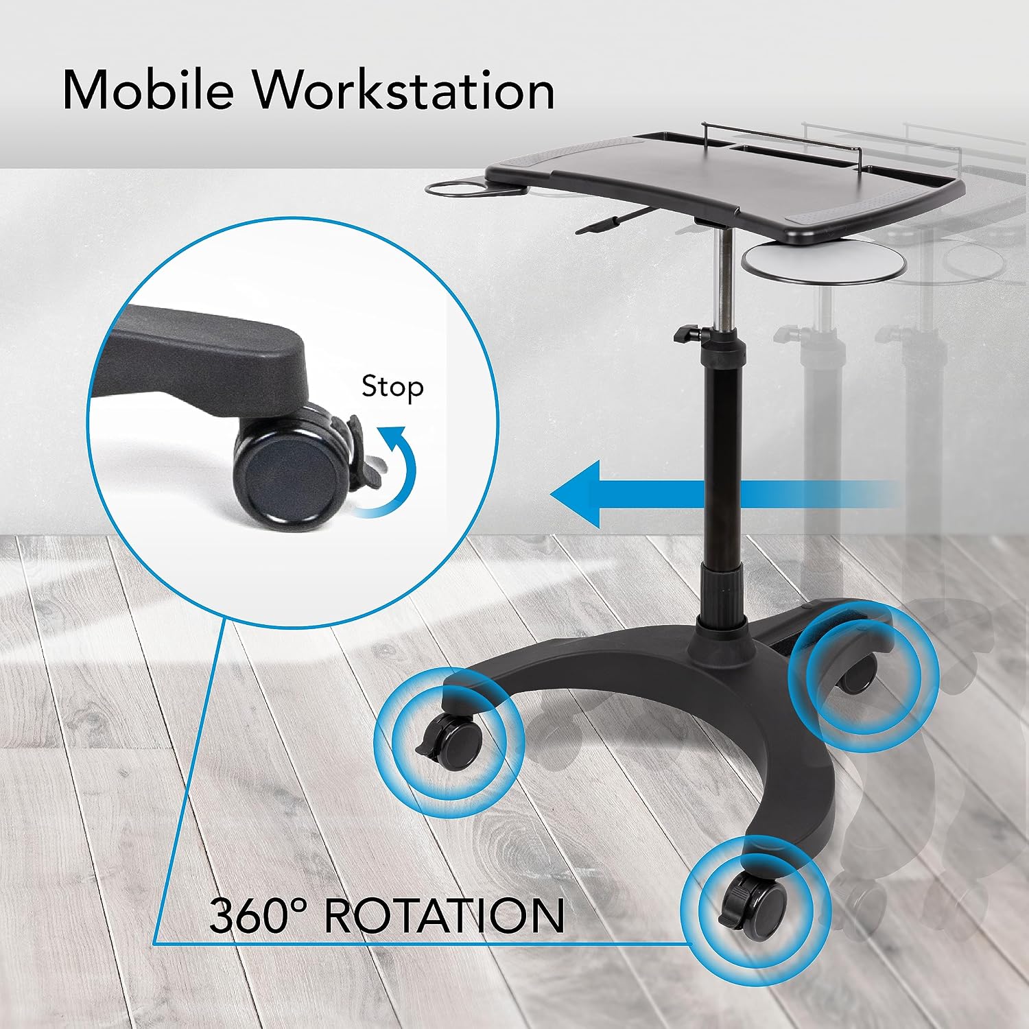 EHO Mobile Laptop Standing Desk Carts on Wheels with Stationery Storage, Pneumatic, Height Adjustable Rolling Stand, Sit to Stand Computer Cart, Workstation for Home, Office, Medical and School