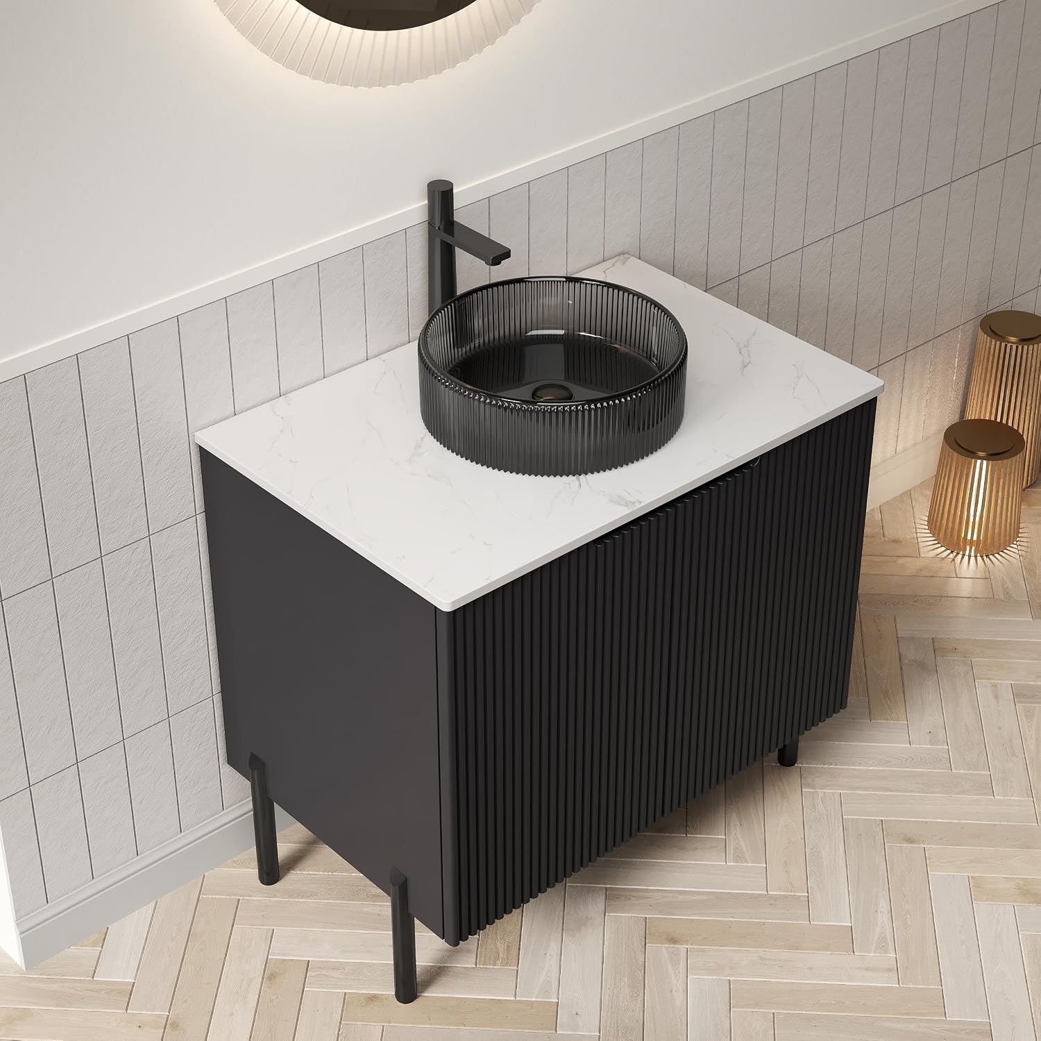 30' Bathroom Vanity with Sink, Modern Bathroom Vanities with 2 Soft-Closing Doors, Freestanding Bathroom Cabinet with Ceramic Basin and Carrara White Sintered Stone Counter Top-Colmar, Black/G