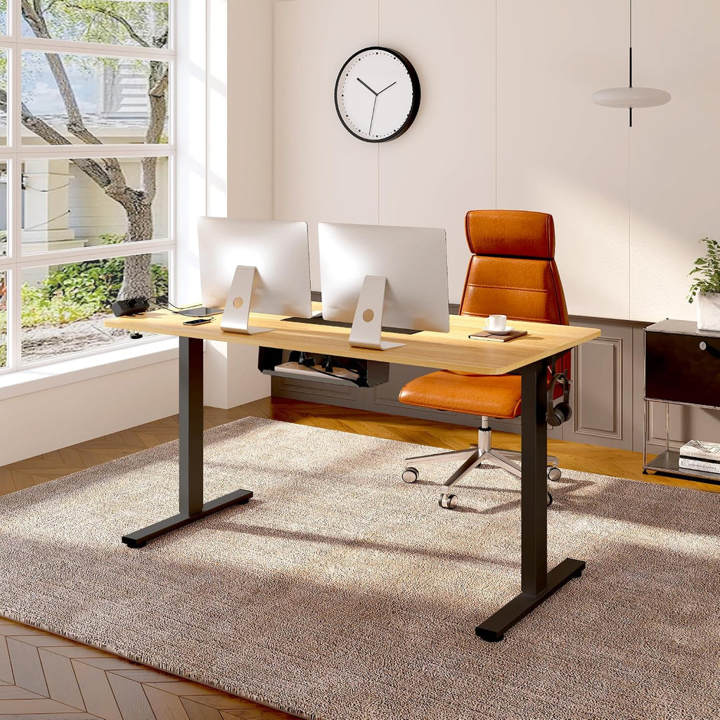 FLEXISPOT EN2 Whole-Piece Standing Desk with Clamp Power Strip, 55 x 28 Electric Stand Up Height Adjustable Desk with Cable Management (Black Frame + 55' Maple Top, 2 Packages)