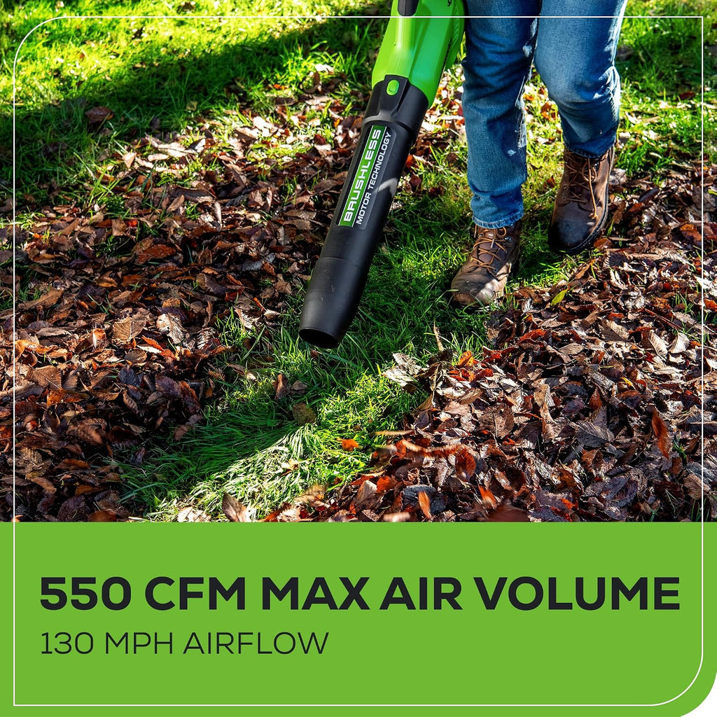 Greenworks 40V (130 MPH / 550 CFM ) Brushless Axial Leaf Blower, Ultra-Powerful for Wet Leaves, Heavy Debris, Gravel and Driveway Snow, Includes 4.0Ah Battery and Charger
