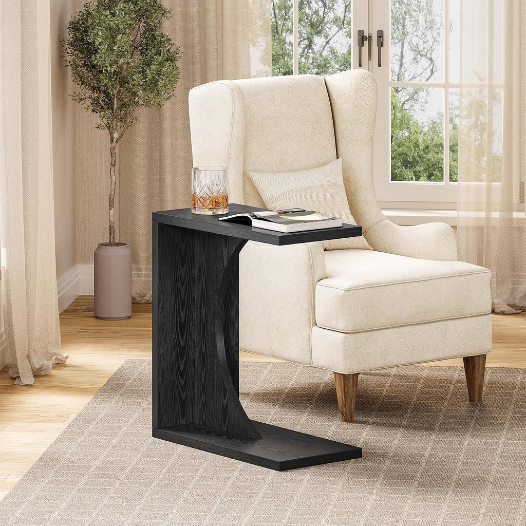 LITTLE TREE C-Shape End Table for Sofa & Bedroom - Small Side Table for Living Room, Over Couch Tray Stand for Laptop, Snacks, Books, Black, 2 Pack