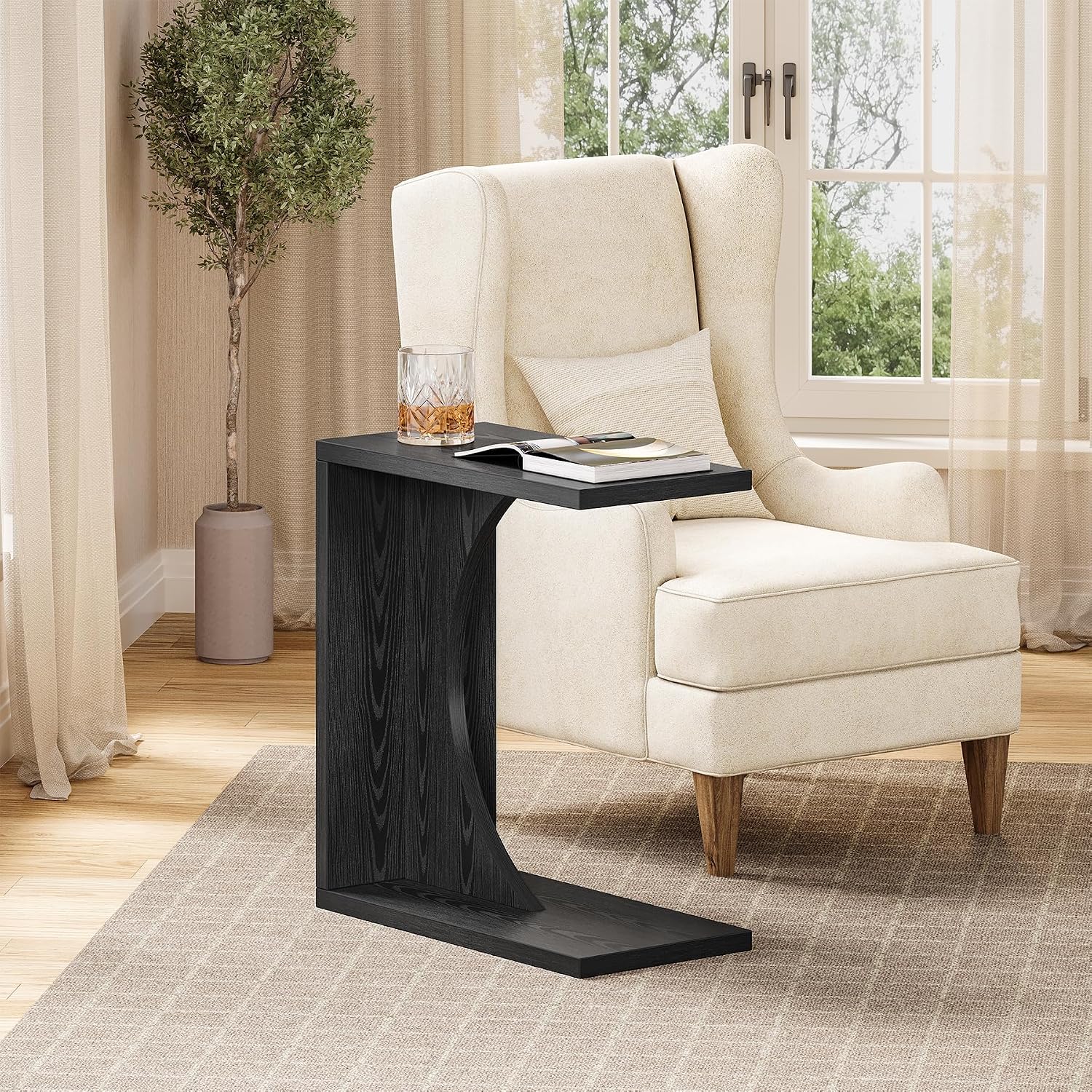 LITTLE TREE C-Shape End Table for Sofa & Bedroom - Small Side Table for Living Room, Over Couch Tray Stand for Laptop, Snacks, Books, Black, 2 Pack