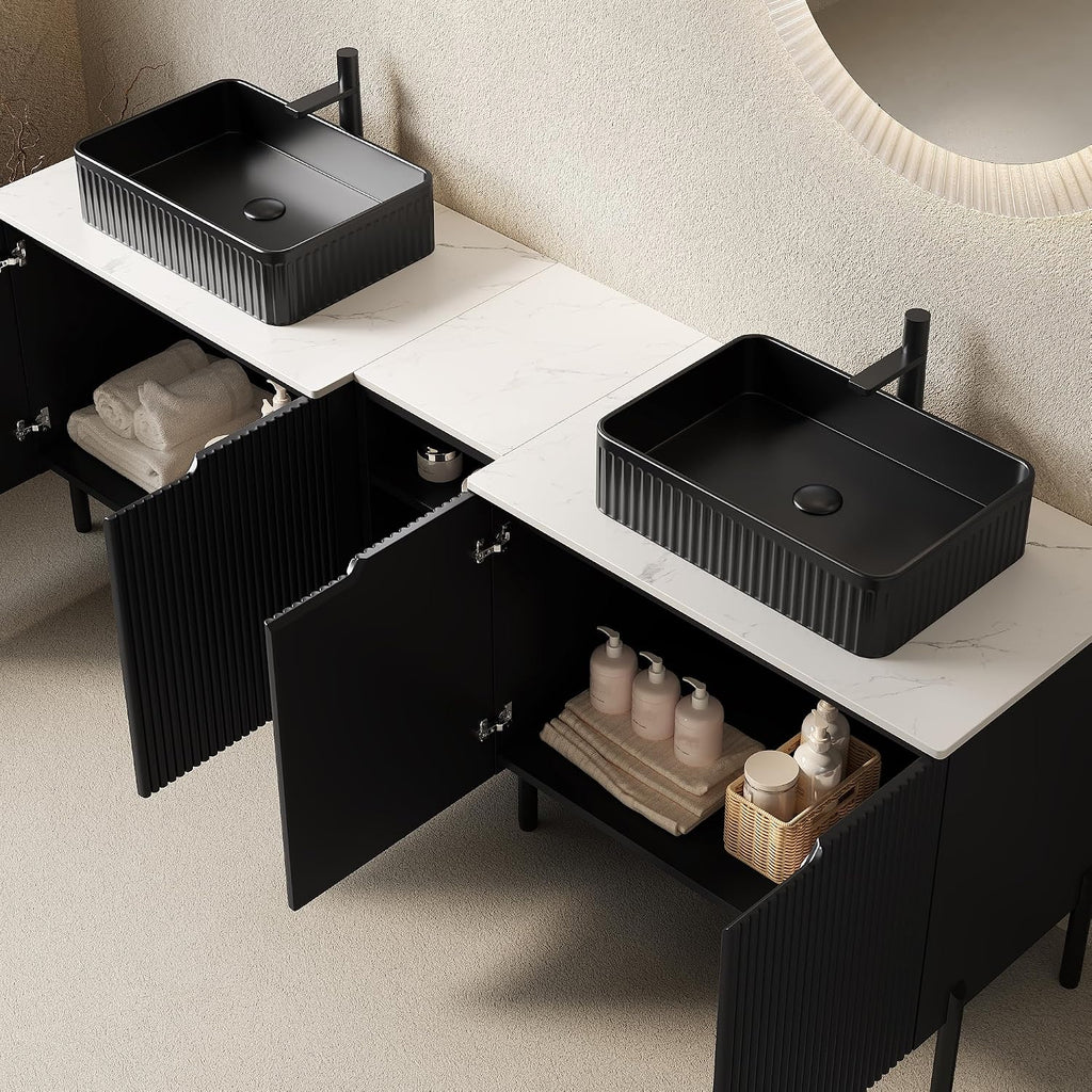 72' Bathroom Vanity with Sink, Modern Bathroom Vanities W/4 Soft-Closing Doors, Freestanding Bathroom Cabinet with Ceramic Basin and Carrara White Sintered Stone Counter Top-Colmar, Black