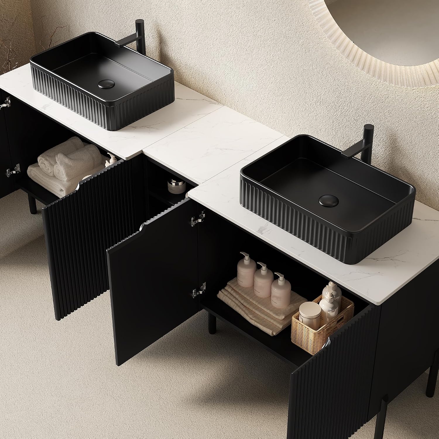 72' Bathroom Vanity with Sink, Modern Bathroom Vanities W/4 Soft-Closing Doors, Freestanding Bathroom Cabinet with Ceramic Basin and Carrara White Sintered Stone Counter Top-Colmar, Black