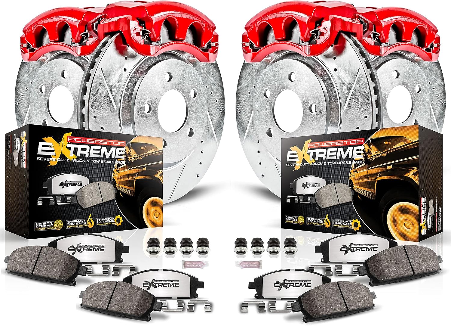 PowerStop Front and Rear Brake & Caliper Kit for Dodge Ram 2500 2009-10 |Ram 3500 2009-10 |Ram 1500 2012 - Drilled & Slotted Disc Rotors + Z36 Brake Pads + Red-Powder Coated Calipers, KC5458-36