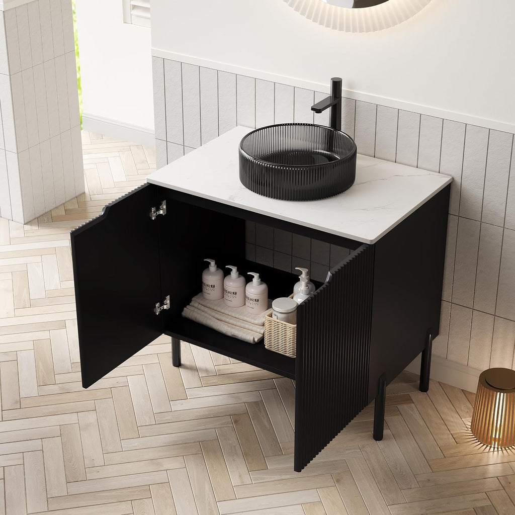 30' Bathroom Vanity with Sink, Modern Bathroom Vanities with 2 Soft-Closing Doors, Freestanding Bathroom Cabinet with Ceramic Basin and Carrara White Sintered Stone Counter Top-Colmar, Black/G