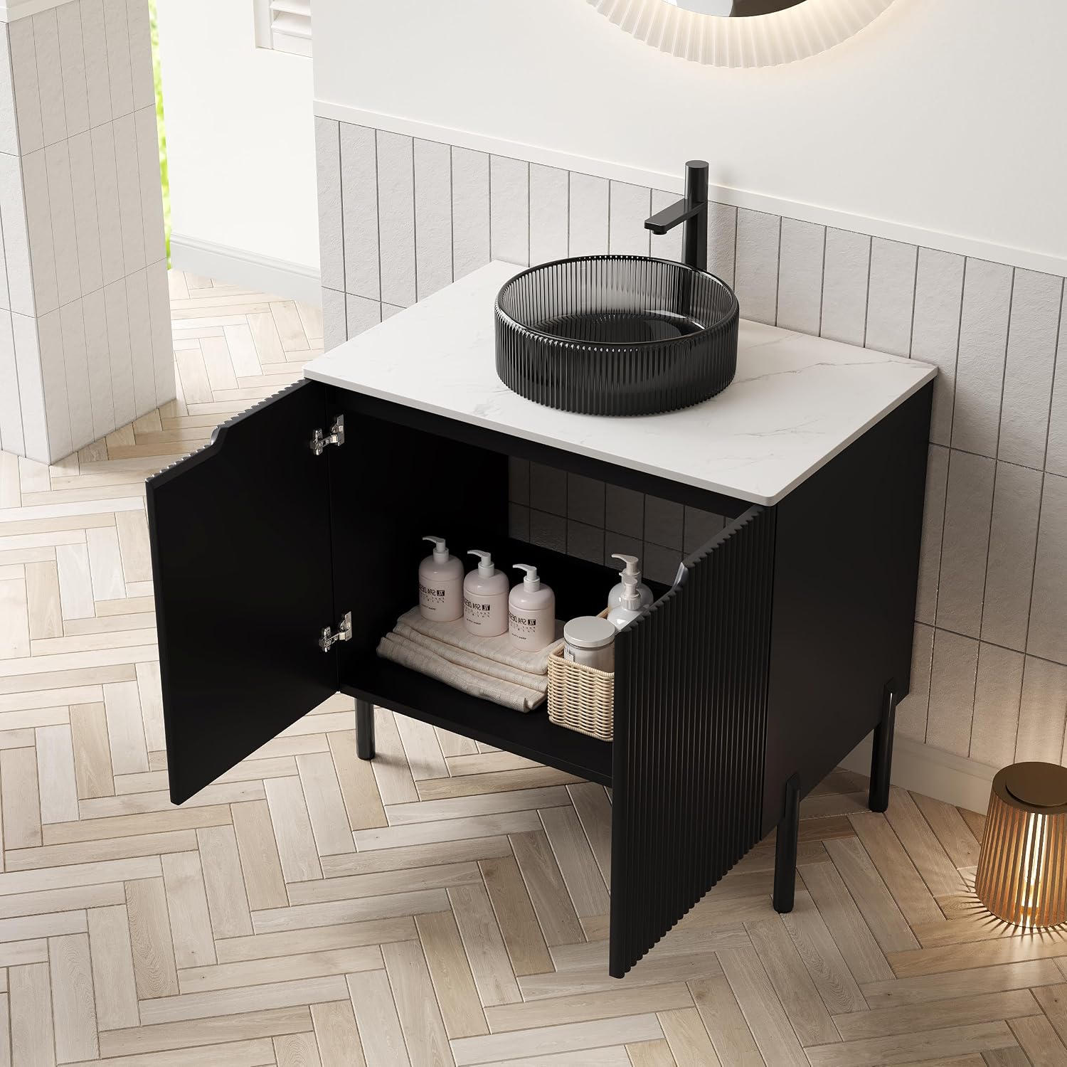30' Bathroom Vanity with Sink, Modern Bathroom Vanities with 2 Soft-Closing Doors, Freestanding Bathroom Cabinet with Ceramic Basin and Carrara White Sintered Stone Counter Top-Colmar, Black/G
