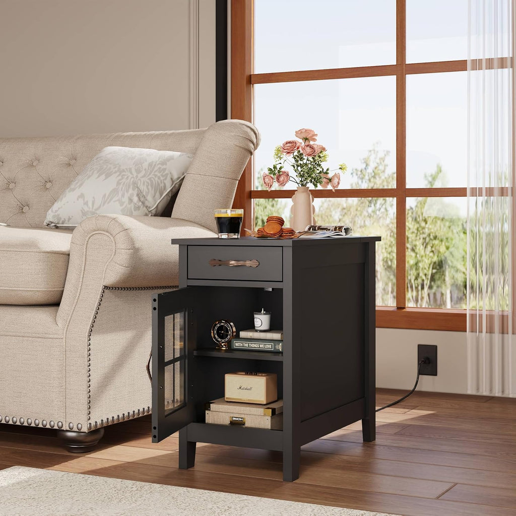 WLIVE End Table with Charging Station, Narrow Side Table for Living Room, Farmhouse Night Stand with Storage, Small Wooden Cabinet Nightstand with USB Ports and Outlets, 23.7' D x 13.78' W x 23.7' H