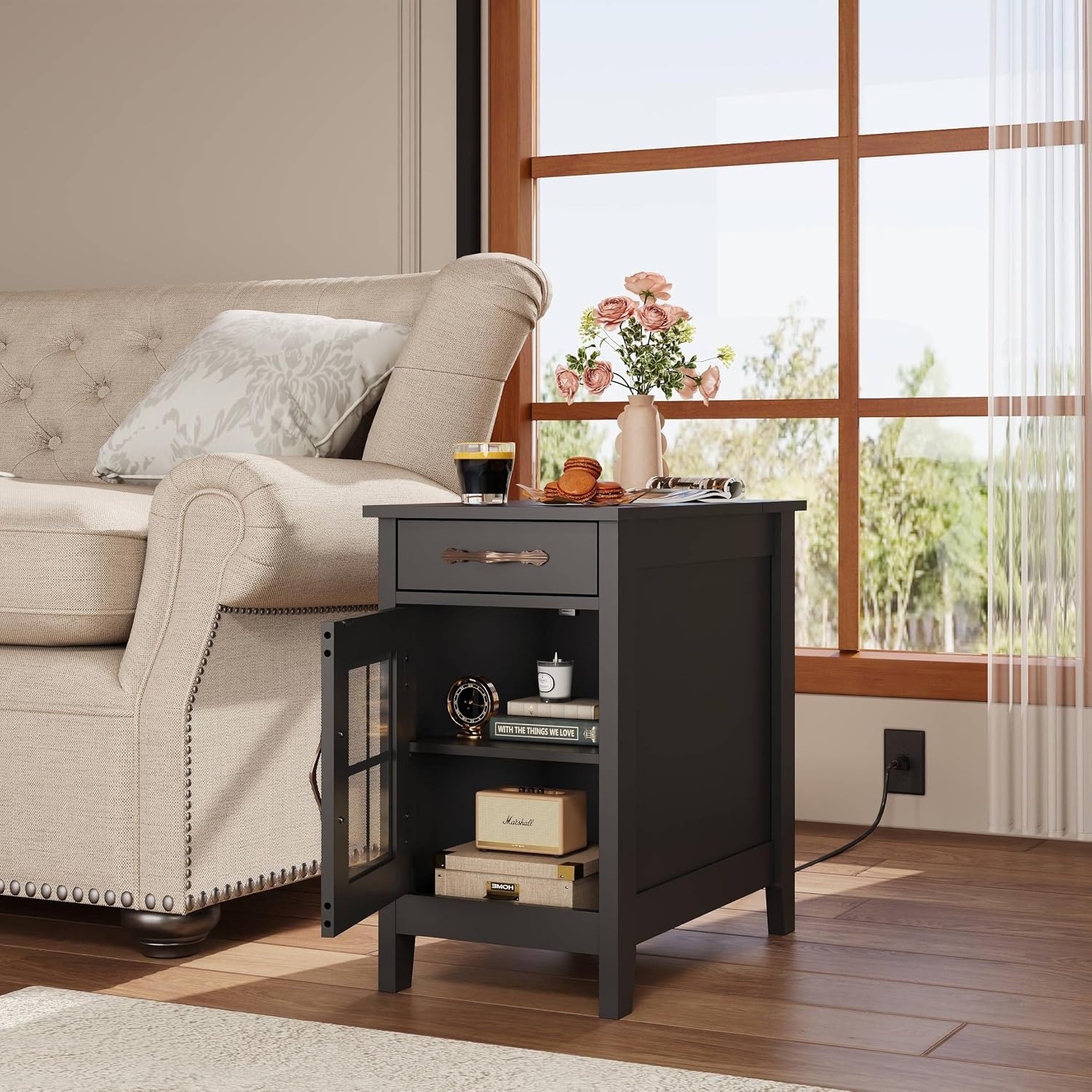 WLIVE End Table with Charging Station, Narrow Side Table for Living Room, Farmhouse Night Stand with Storage, Small Wooden Cabinet Nightstand with USB Ports and Outlets, 23.7' D x 13.78' W x 23.7' H