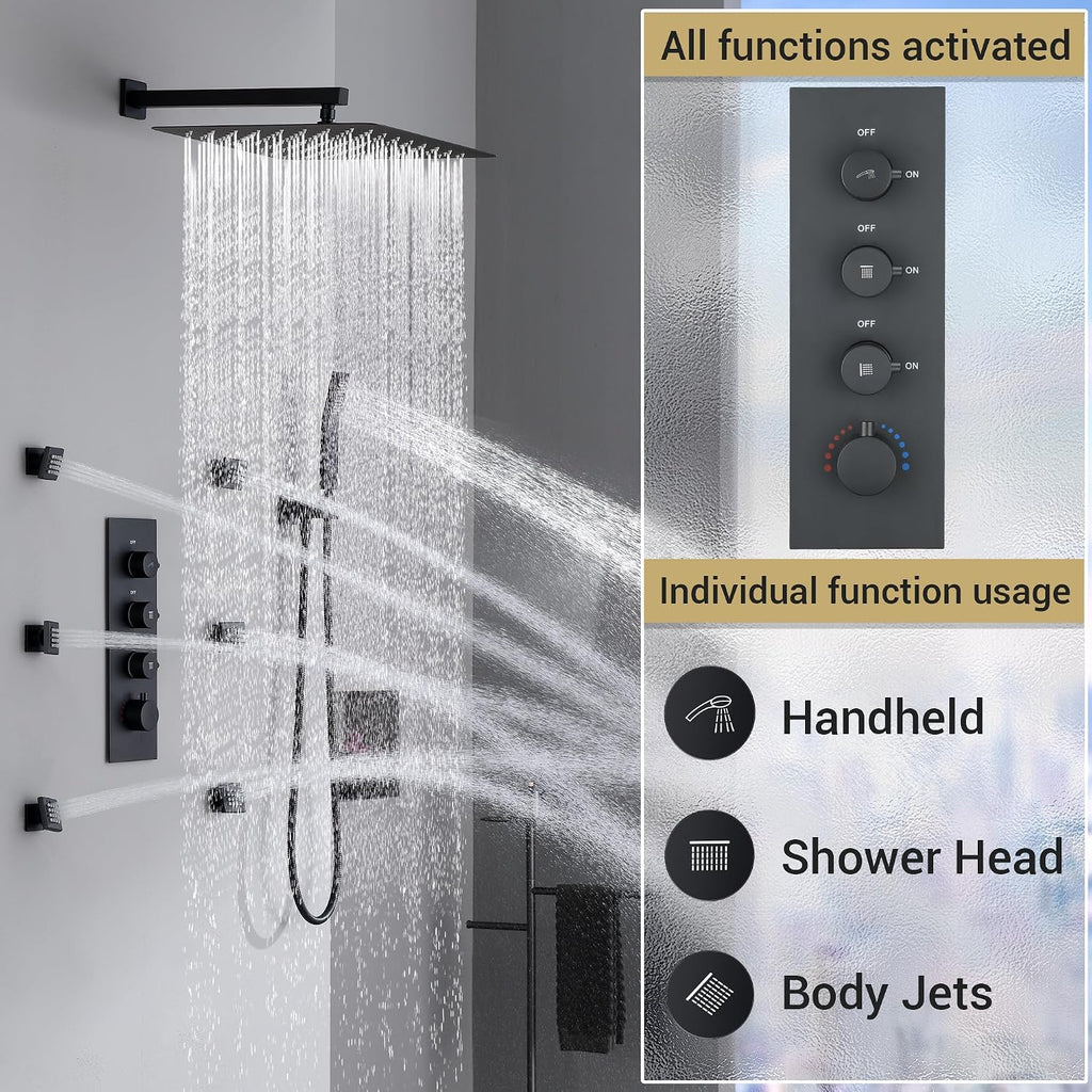 16' Thermostatic Rain Shower System with 6 Body Jets & 16-Inch Rainfall Shower Head, JetsBath Full Body Shower Faucet Sets with Valve & Handheld, Matte Black Luxury Wall Mount Shower Faucet Set