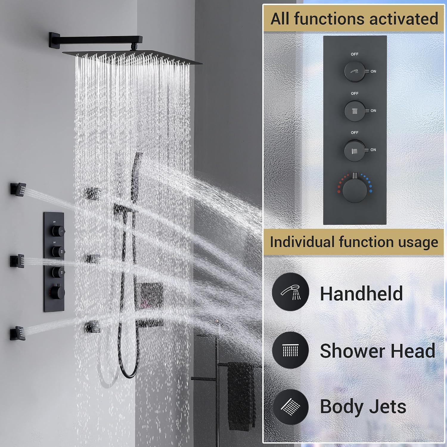 16' Thermostatic Rain Shower System with 6 Body Jets & 16-Inch Rainfall Shower Head, JetsBath Full Body Shower Faucet Sets with Valve & Handheld, Matte Black Luxury Wall Mount Shower Faucet Set