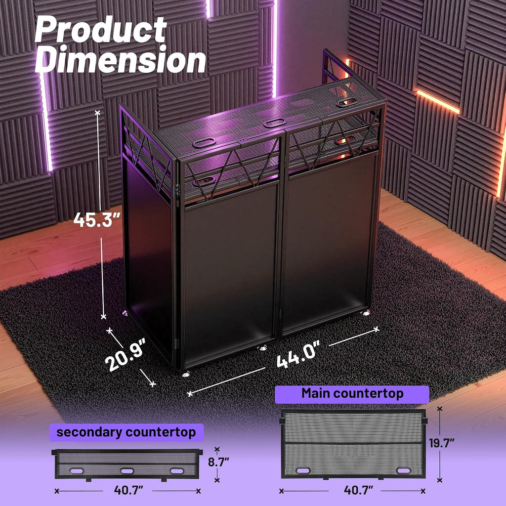 CAHAYA DJ Booth Stand Portable - DJ Table Facade for Laptop Double Top Storage Height Adjustable with Black & White Scrims DJ Stand Foldable with Storage Bag, Cable Holes, 40.7' L x 19.7' W, Black