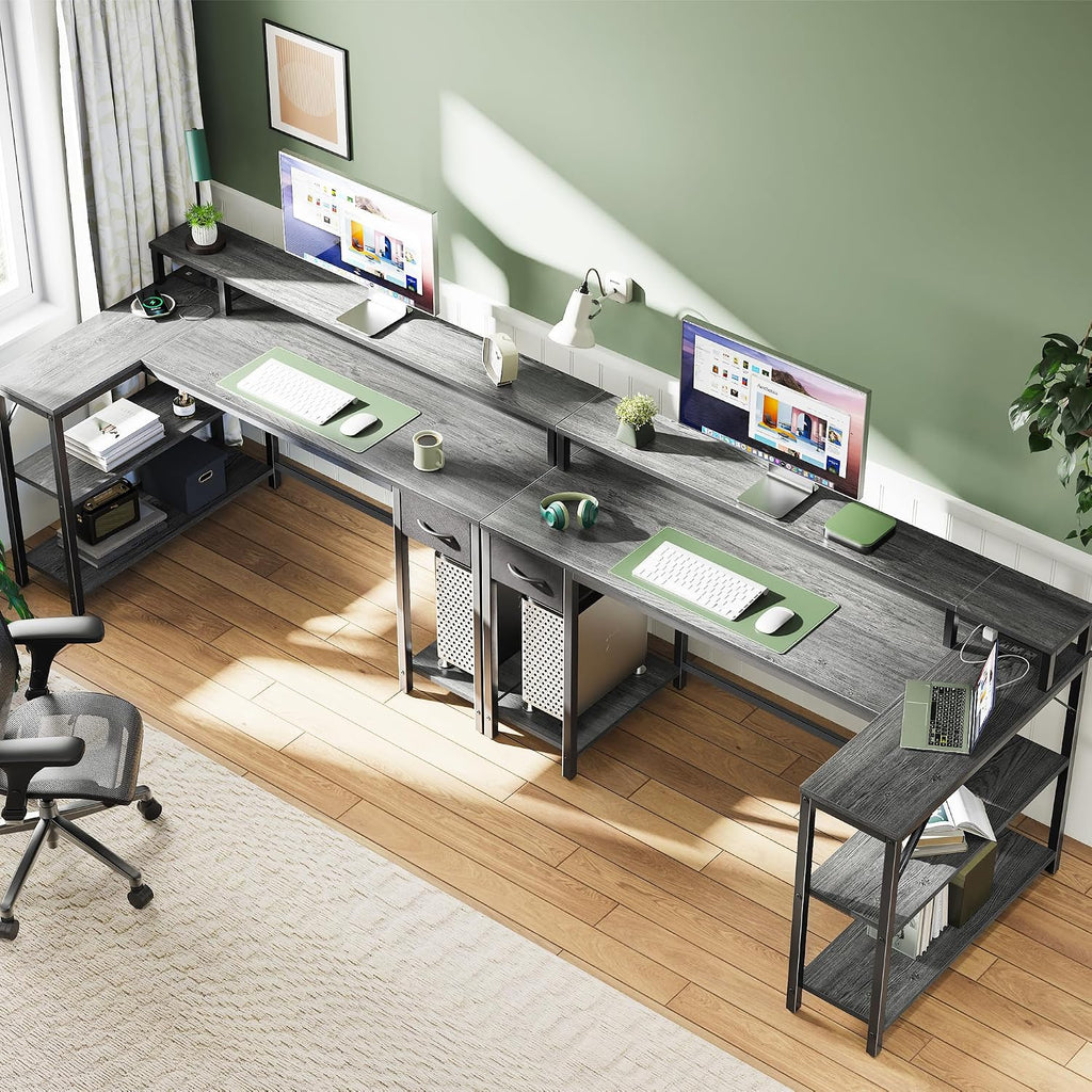 SUPERJARE 53 inch Reversible L Shaped Desk with LED Lights & Power Outlets, Computer Desk with Shelves & Monitor Stand, Gaming Desk with Drawer, Home Office Desk Corner Desk, Grey