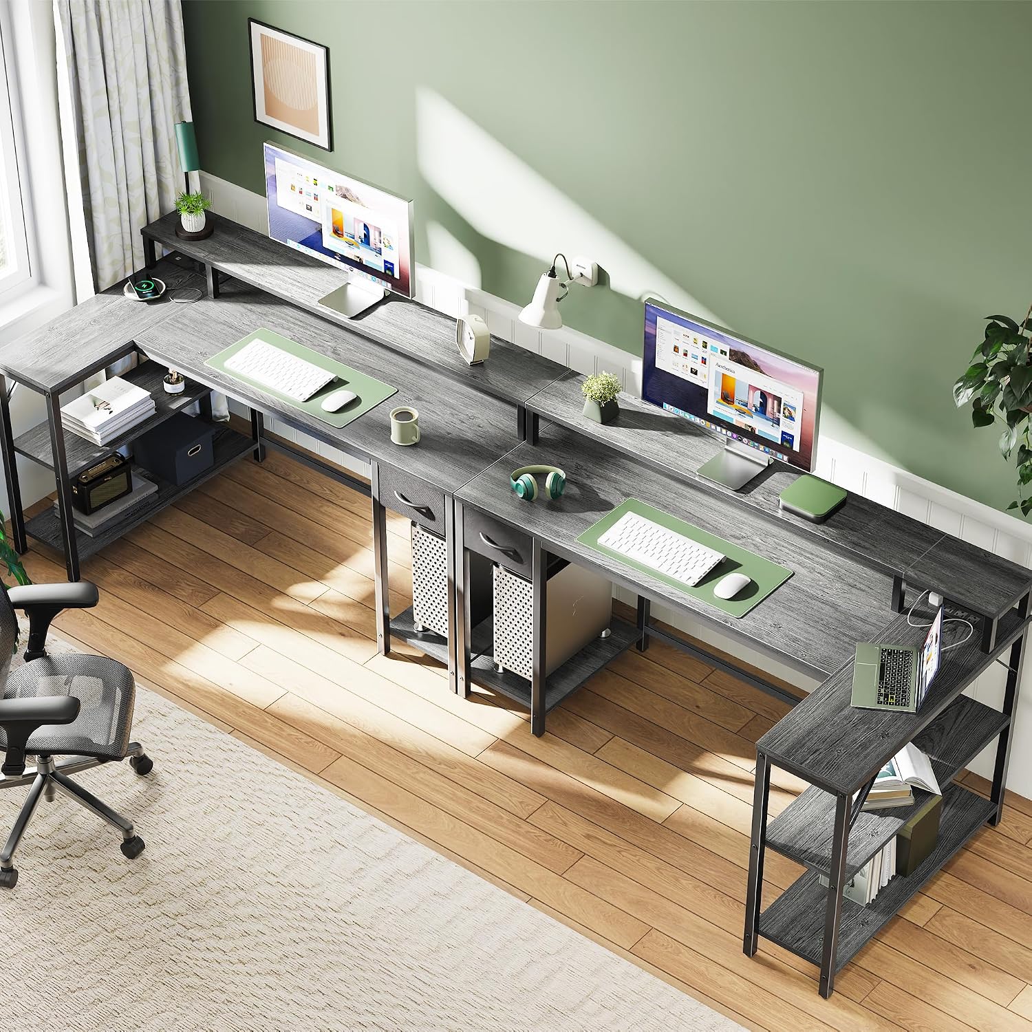 SUPERJARE 53 inch Reversible L Shaped Desk with LED Lights & Power Outlets, Computer Desk with Shelves & Monitor Stand, Gaming Desk with Drawer, Home Office Desk Corner Desk, Grey