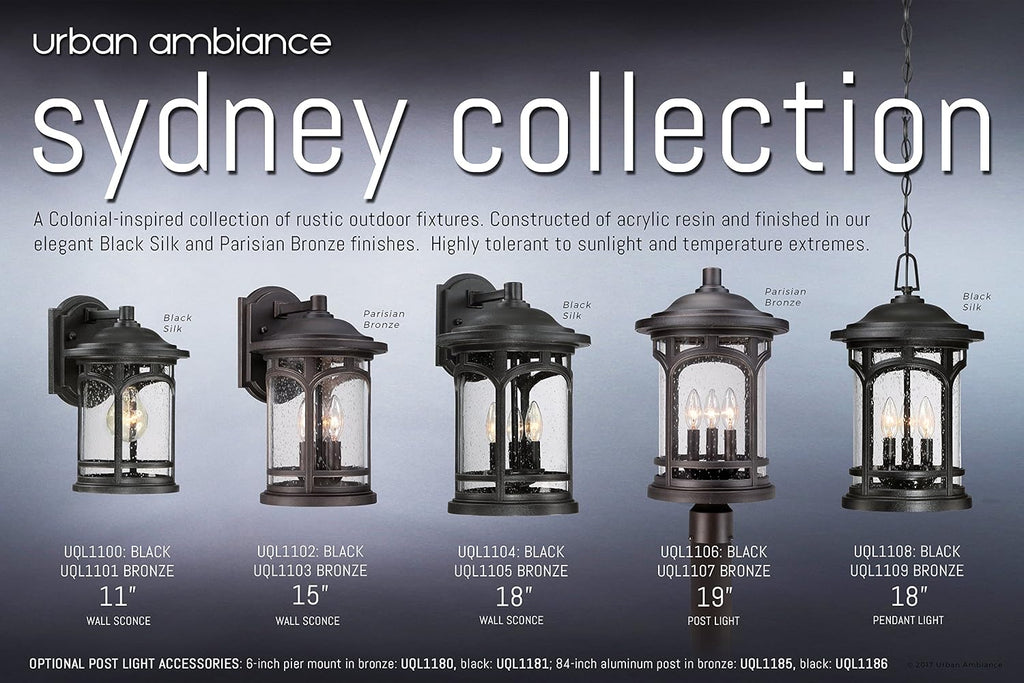 Urban Ambiance Luxury Rustic Outdoor Wall Light, Small Size: 11' H x 7' W, with Colonial Style Elements, Wrought Iron Design, High-End Black Silk Finish and Seeded Glass, UQL1100