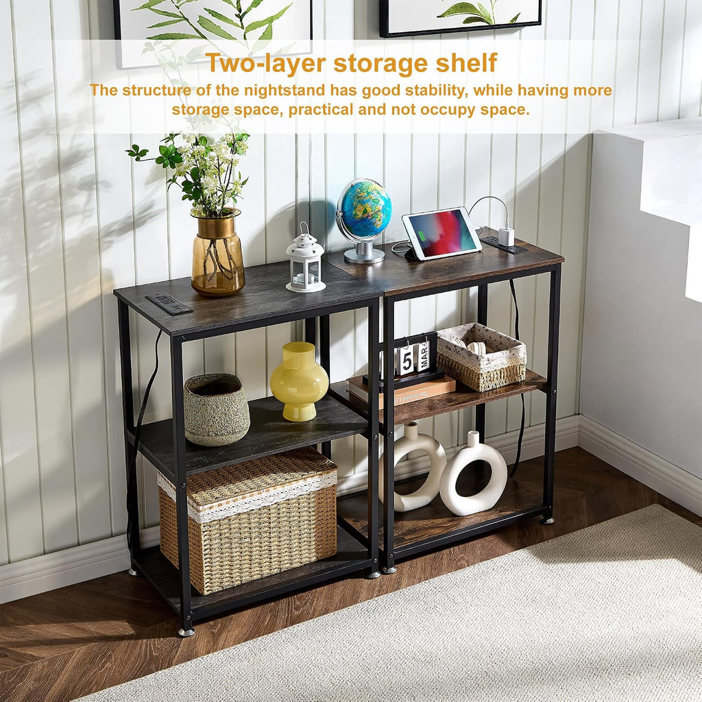 VECELO Tall End Table with Charging Station, Side Table with USB Ports and Outlets, 30' Height Nightstand with 3-Tier Storage Shelf for Living Room Bedroom Office Hallway Study